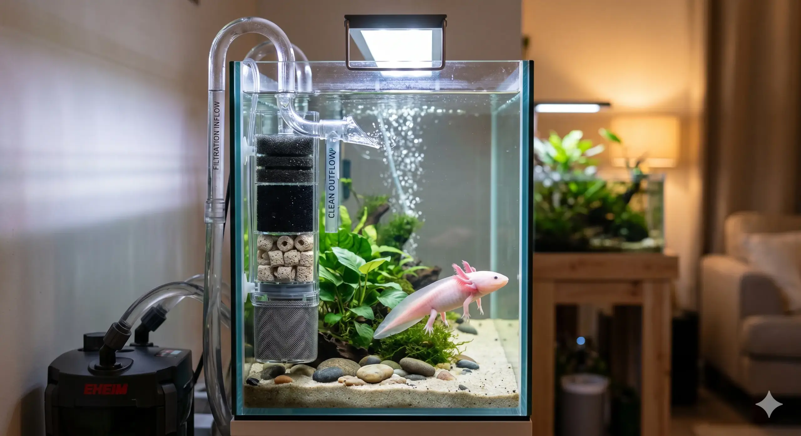 Close up profile of an axolotl tank showing clean water filtration