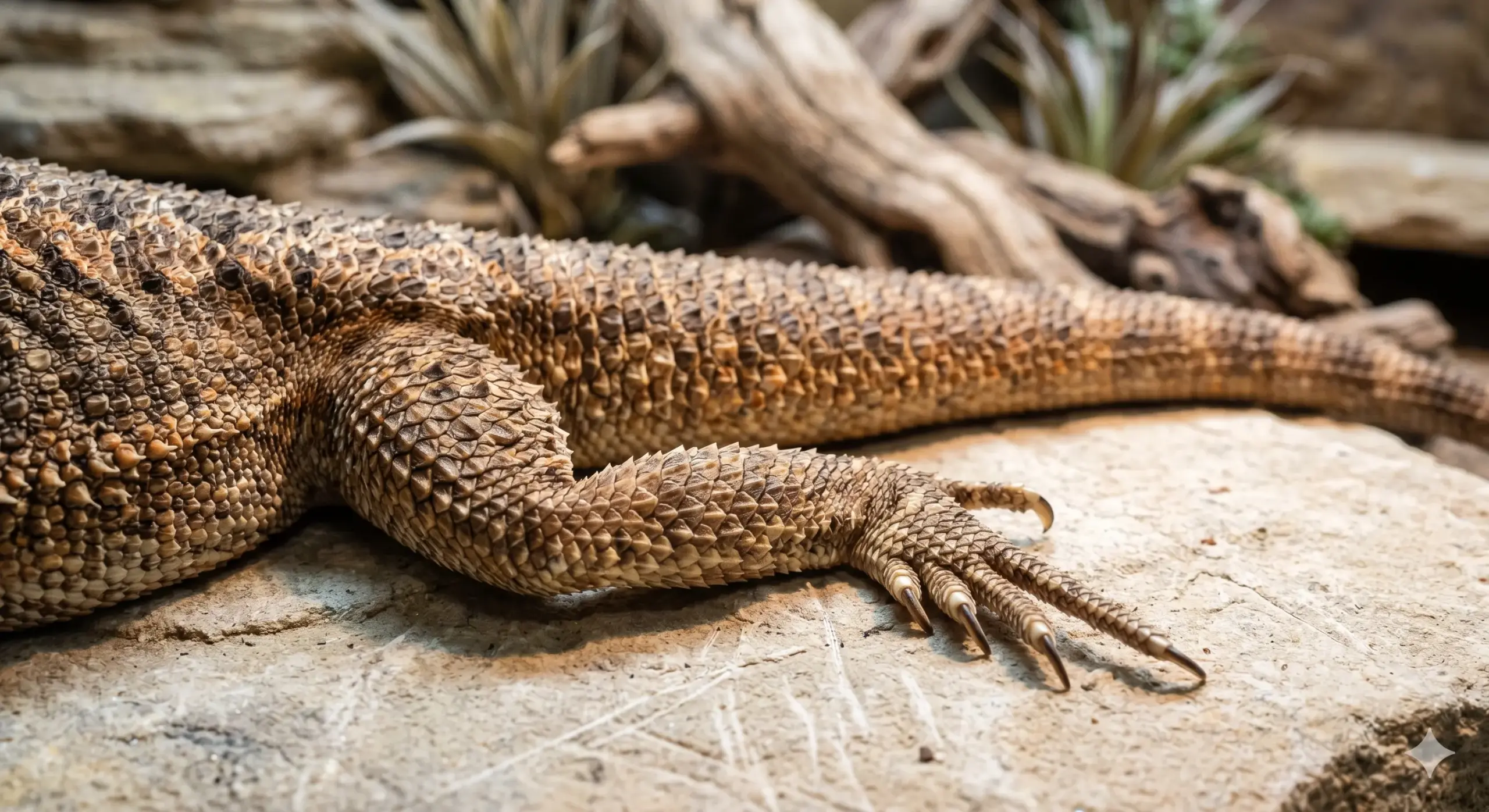 Detailed close-up view of a bearded dragon tail and hind legs showing natural scaling textures