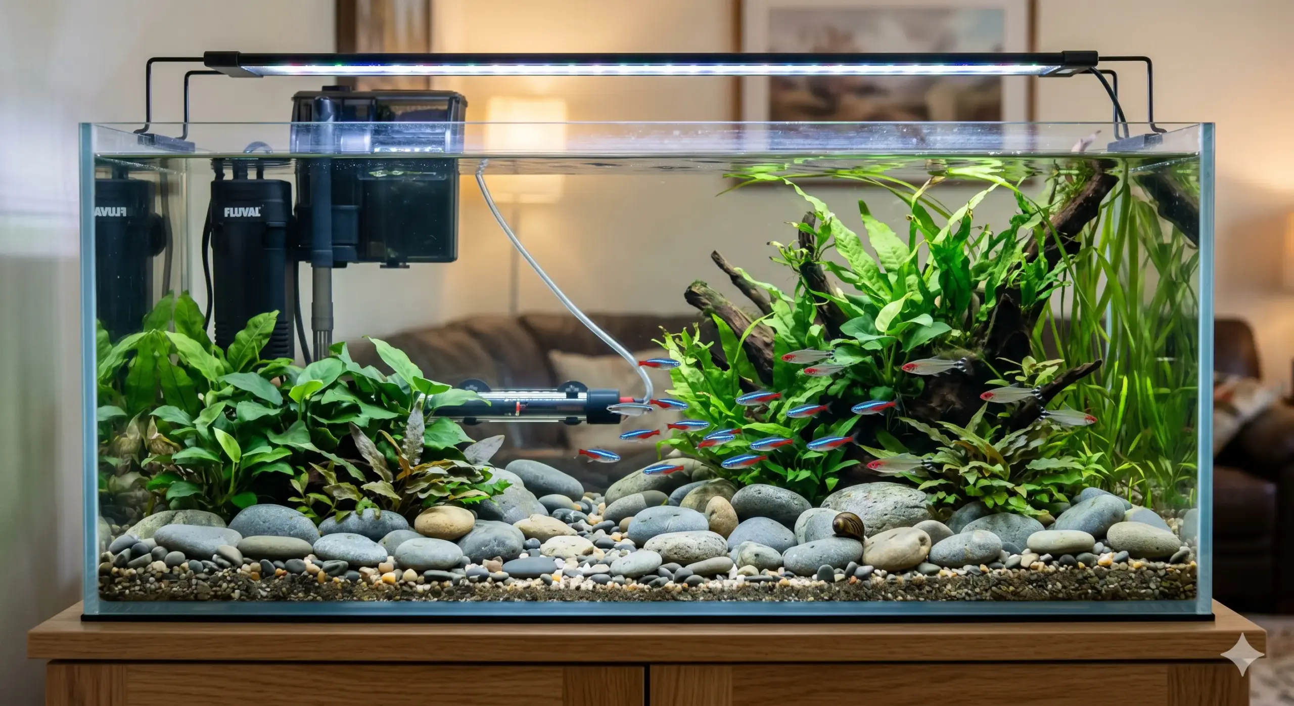 A beautifully clear freshwater aquarium showing proper placement of equipment with smooth river stones on the bottom