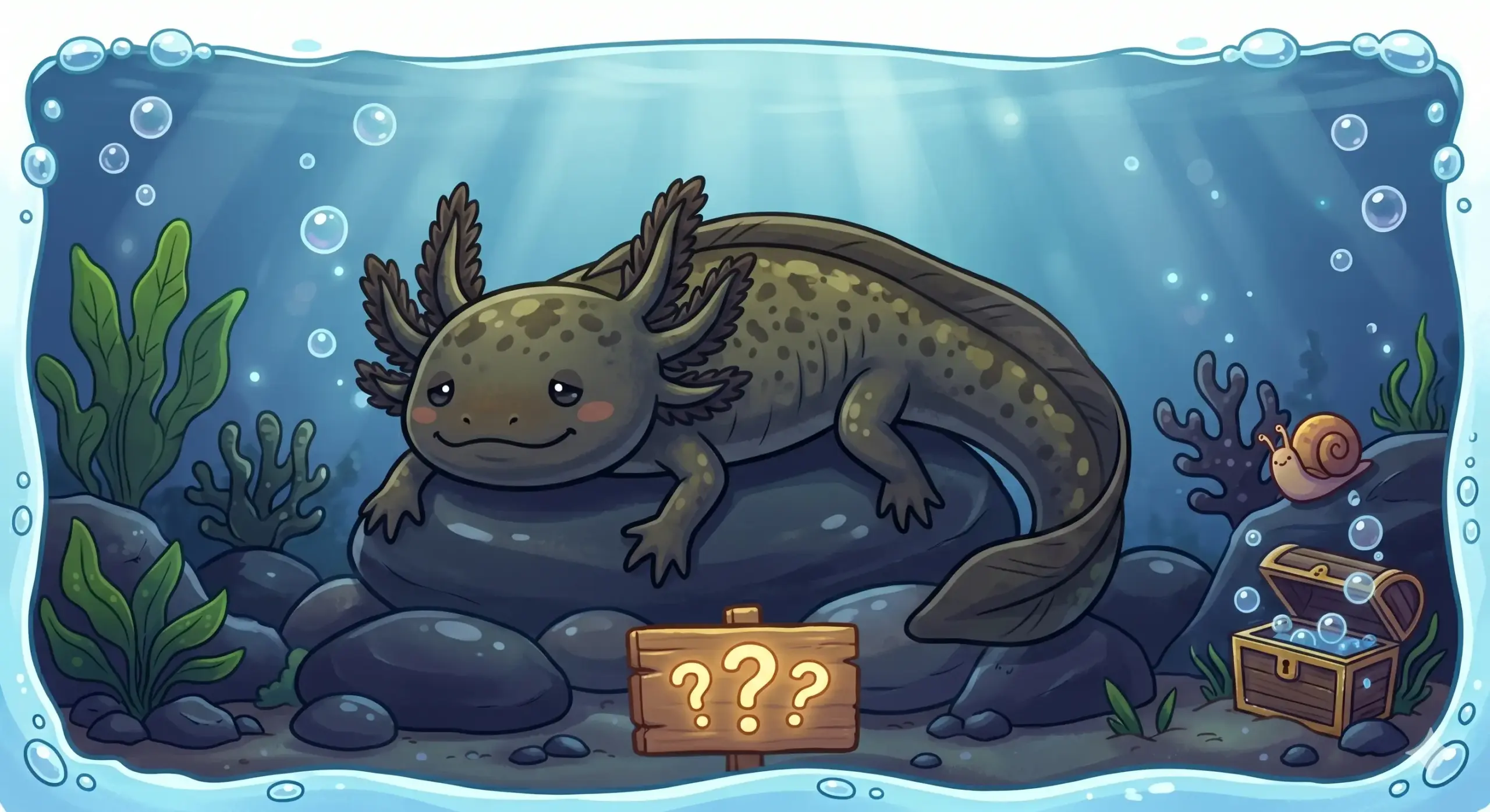 A dark Wild Type axolotl resting peacefully on dark river stones in a tank