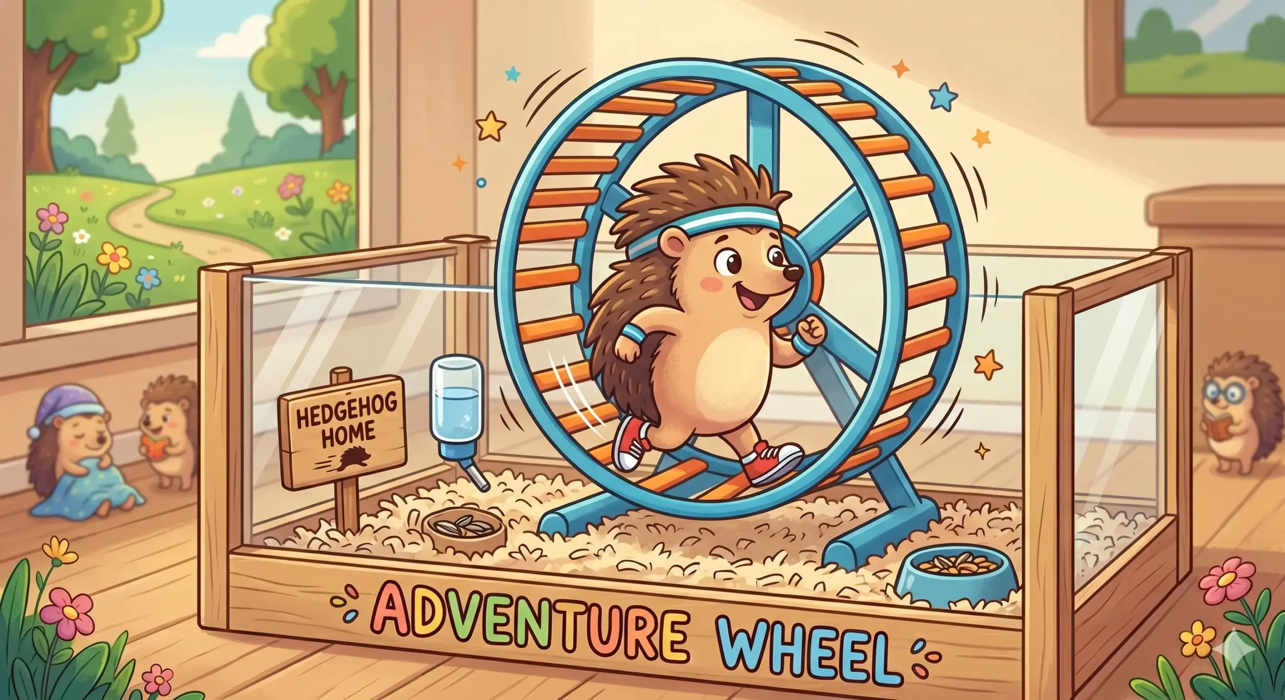 An active hedgehog running on an exercise wheel in a clean enclosure