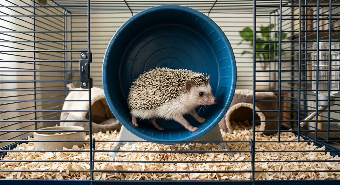 Hedgehog running on a solid surface exercise wheel inside its cage