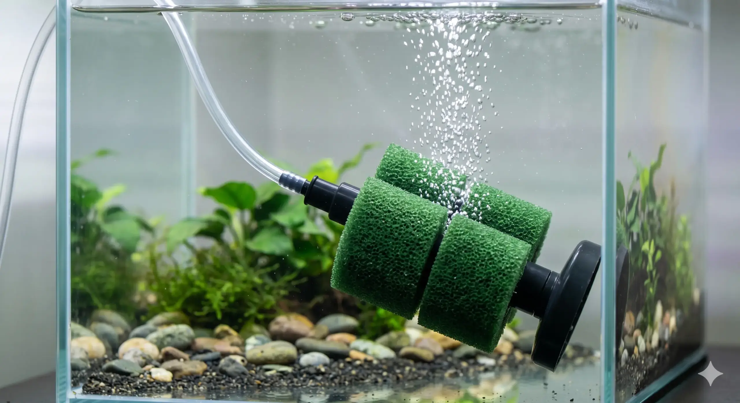 Close-up of a high-quality double sponge filter connected to an air line generating gentle bubbles inside a clean glass aquarium