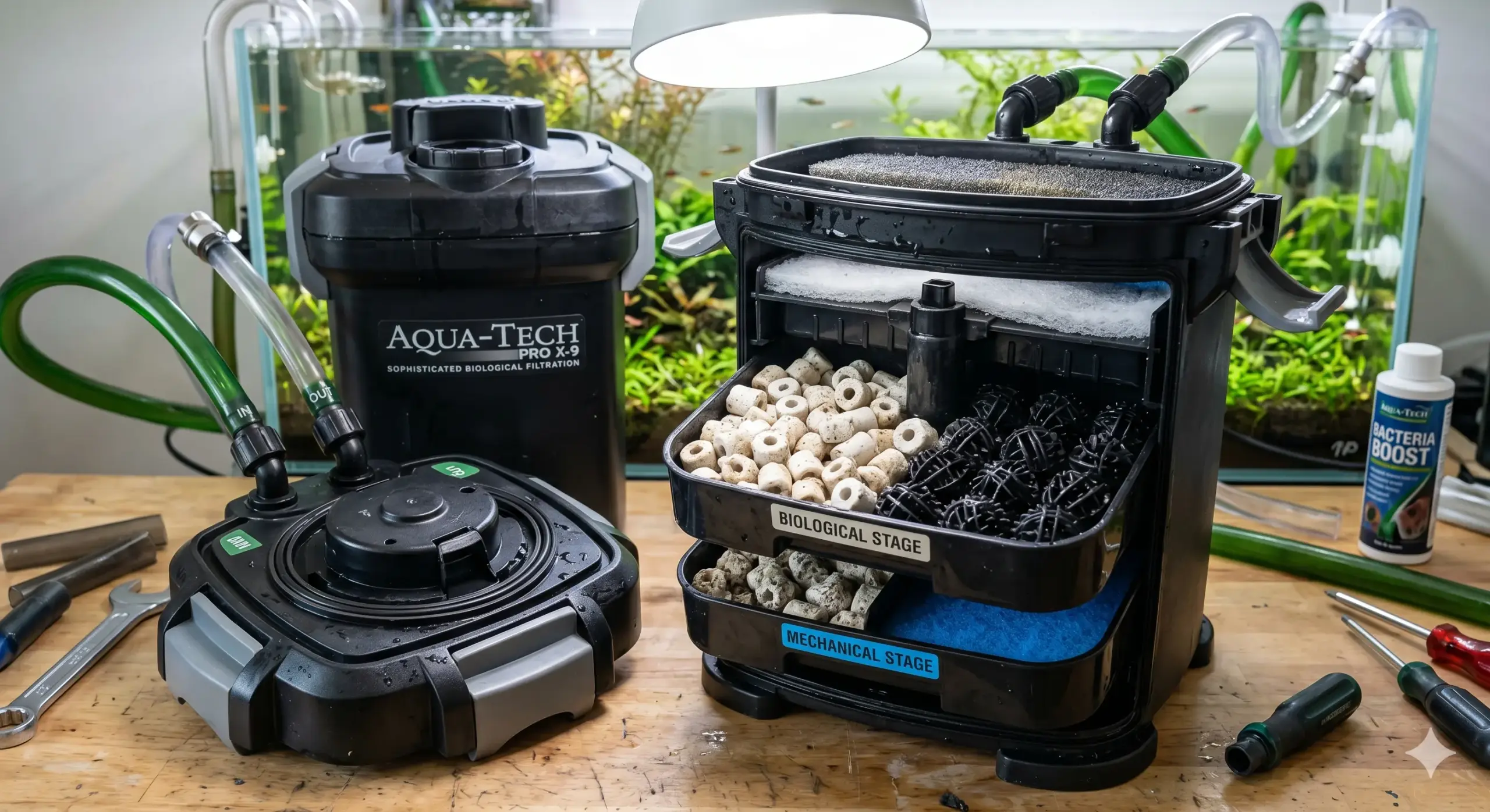 A sophisticated multi-stage canister filter opened up to display porous ceramic rings and bio-balls designed for superior biological filtration