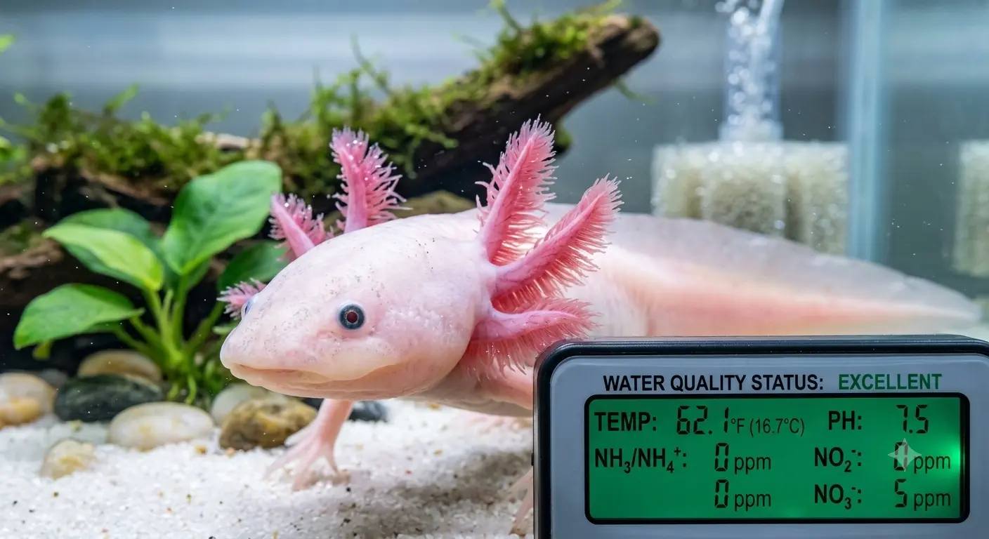 Close up view of a healthy leucistic salamander highlighting excellent Axolotl Care parameters
