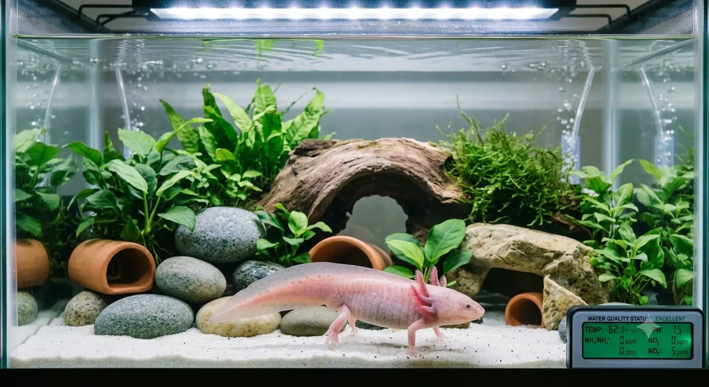 Beautifully aquascaped tank with smooth hides for optimal Axolotl Care