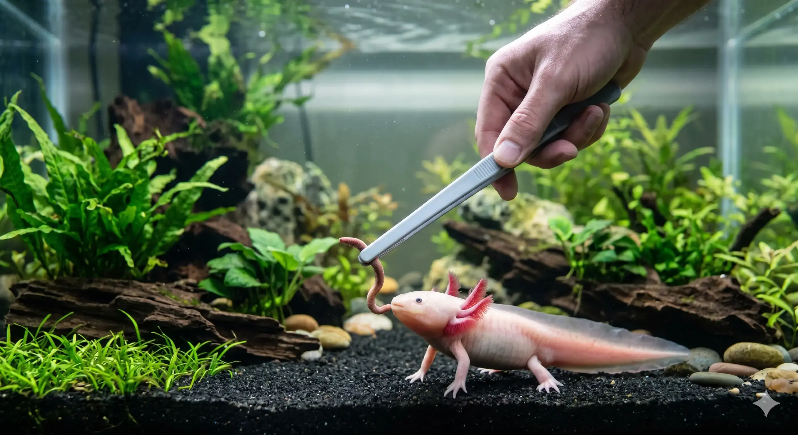 An aquarist using plastic tongs to offer a fresh worm to an axolotl near the tank bottom