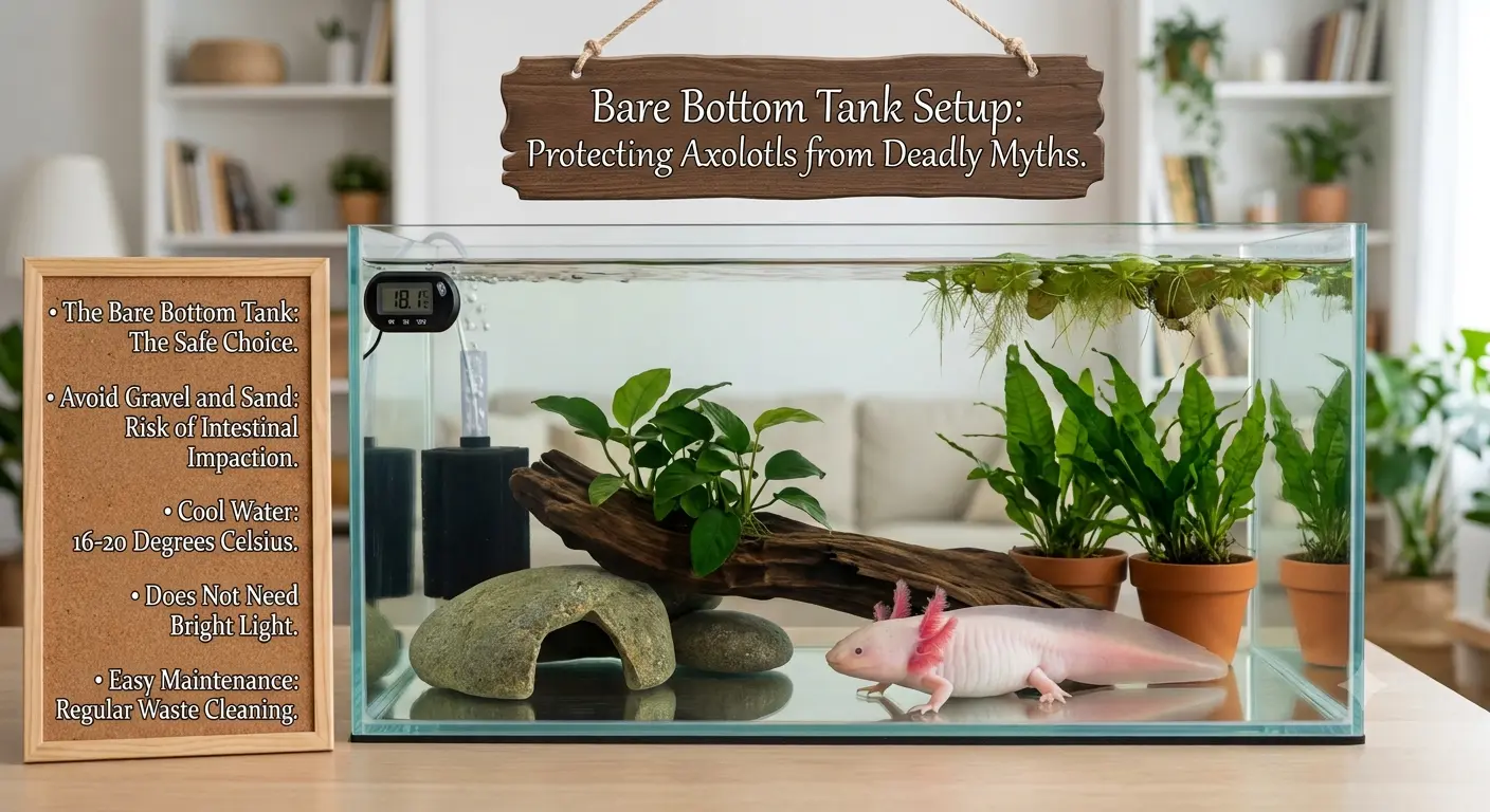 Safe bare bottom tank setup protecting pets from dangerous Axolotl Myths