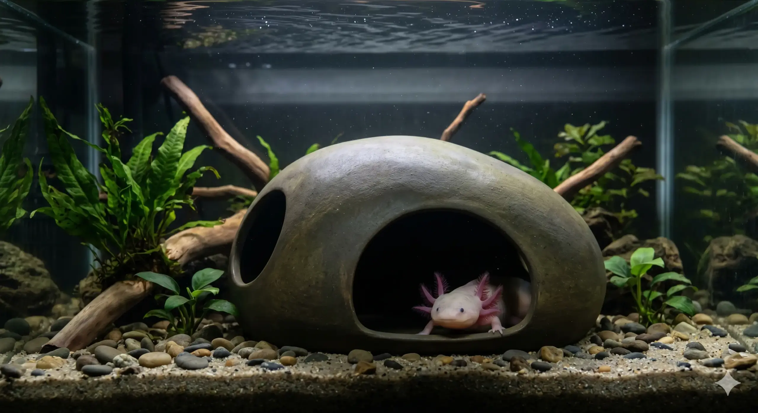 A large smooth ceramic cave structure suitable as an safe axolotl ornament placed in a low light freshwater tank