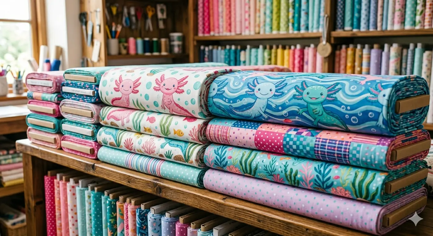Colorful fabric rolls stacked together showing pink and blue patterns for axolotl quilt pattern sewing