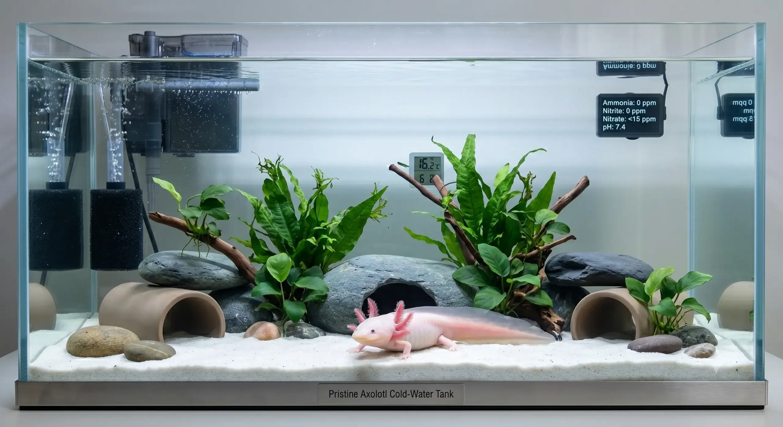 A professional clean cold-water Axolotl Tank showcasing pristine water parameters and safe decoration placements