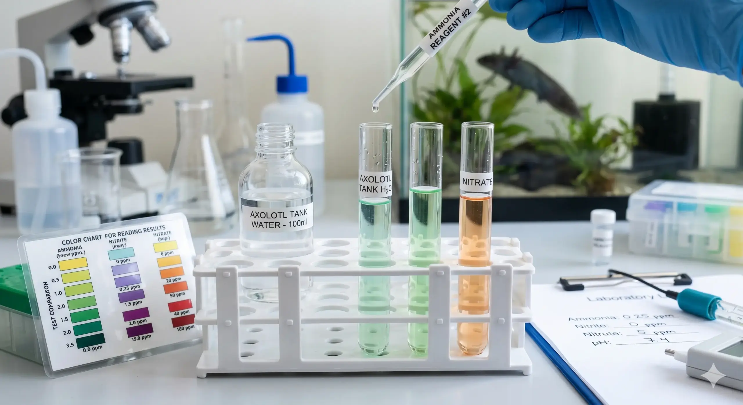Close-up of clean water parameters being tested from an Axolotl Tank inside a freshwater laboratory test tube setup