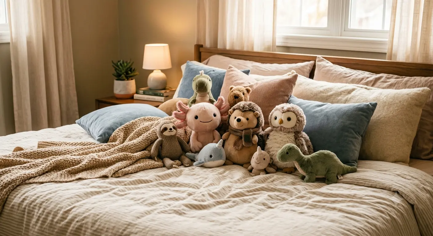 Beautifully arranged novelty toys on a bed symbolizing comfort and safety