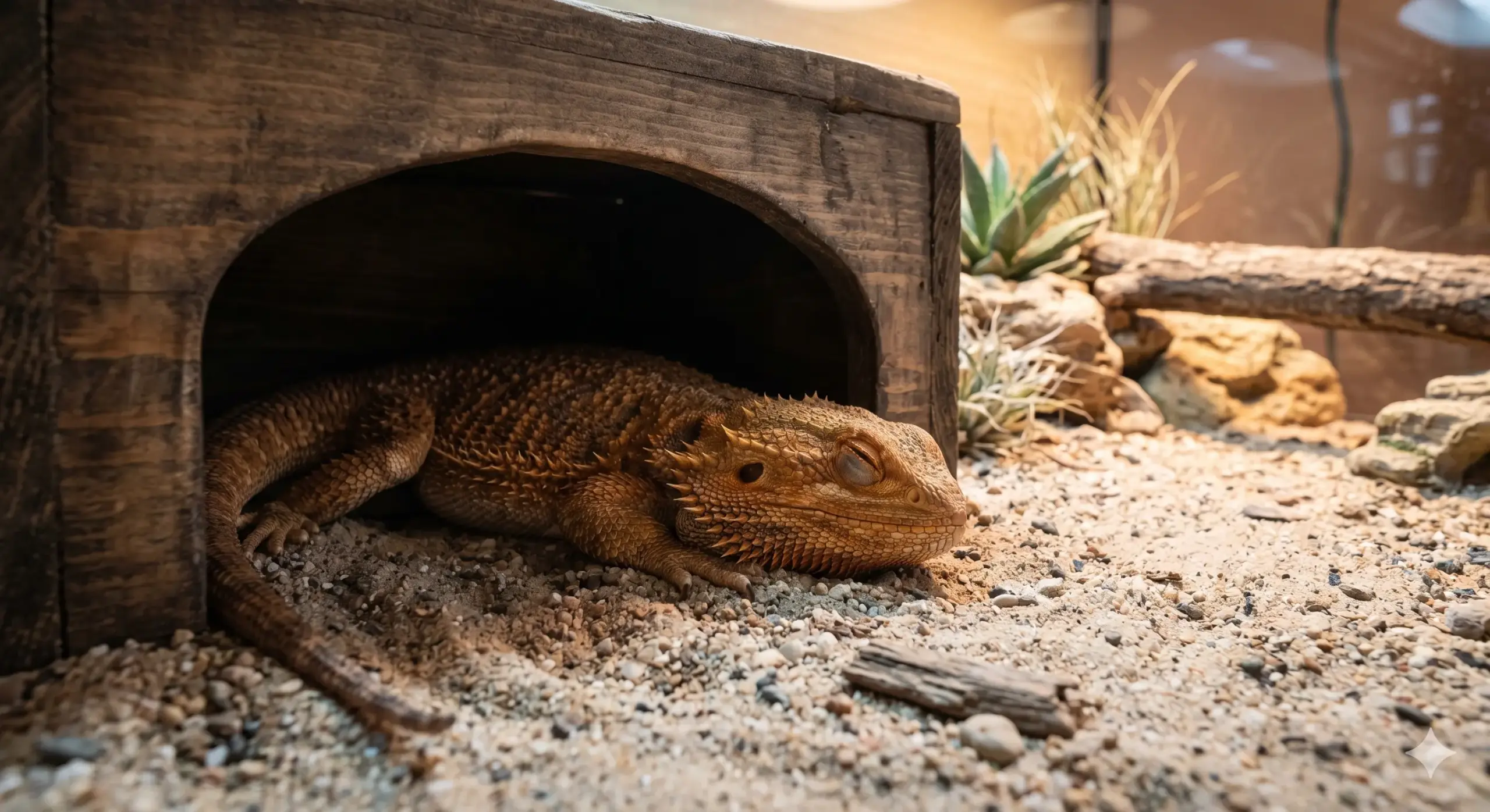 An adult bearded dragon looking sleepy inside a wooden hide box on a sandy substrate