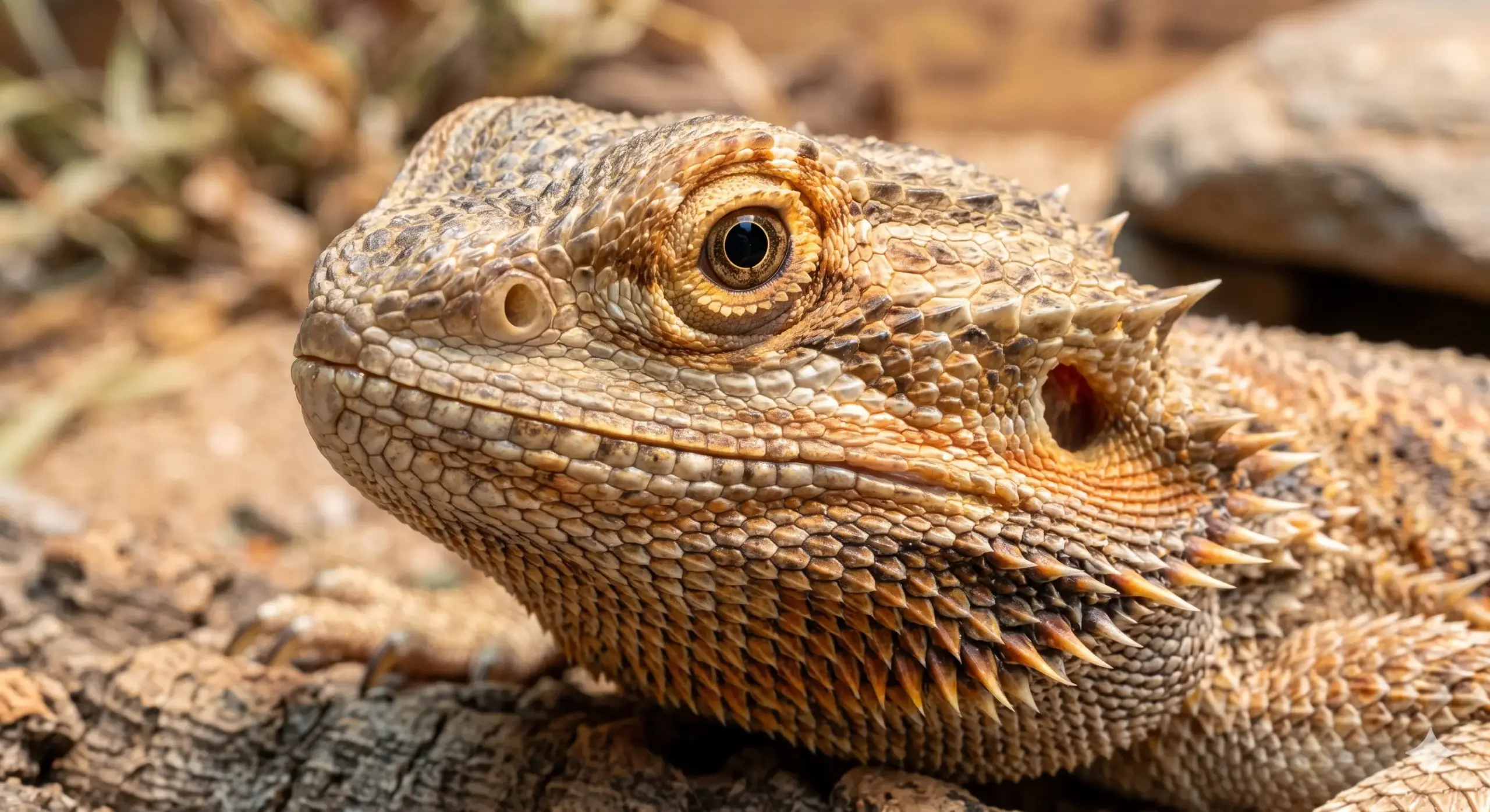 Close-up of a bearded dragon head showing alert eyes and healthy scales