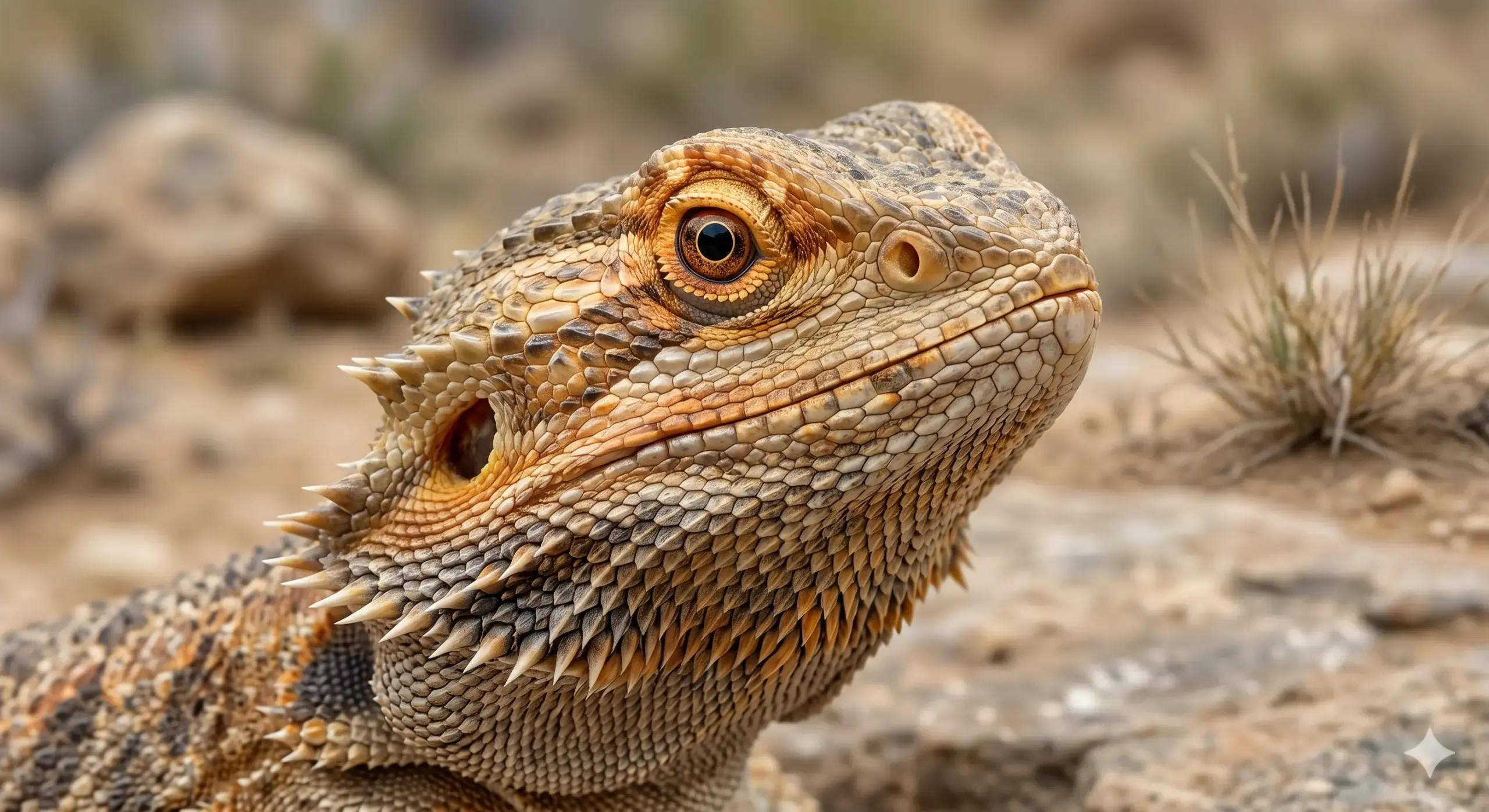 Close up shot of a Bearded Dragon showing its distinct facial scales and alert eyes