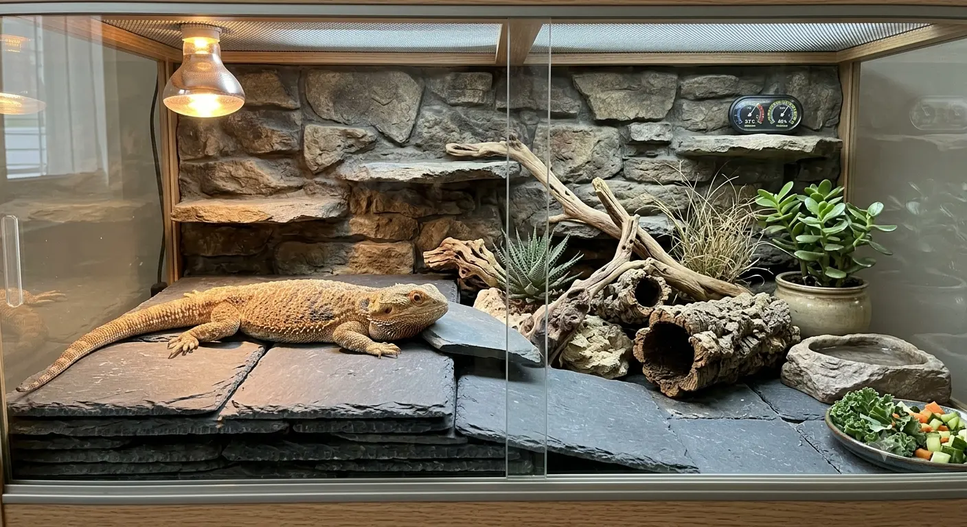 Reptile resting on a safe solid stone tile substrate inside a terrarium