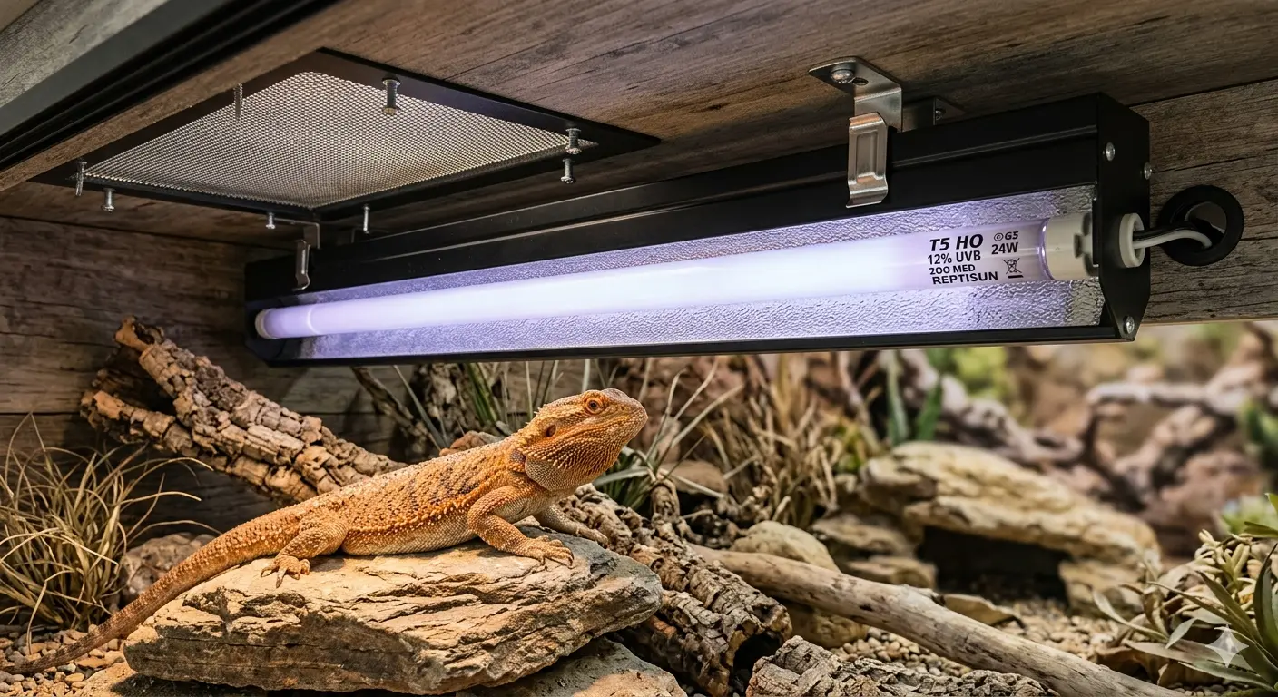 Close up look of a high output linear T5 UVB tube light fixture mounted inside a reptile enclosure