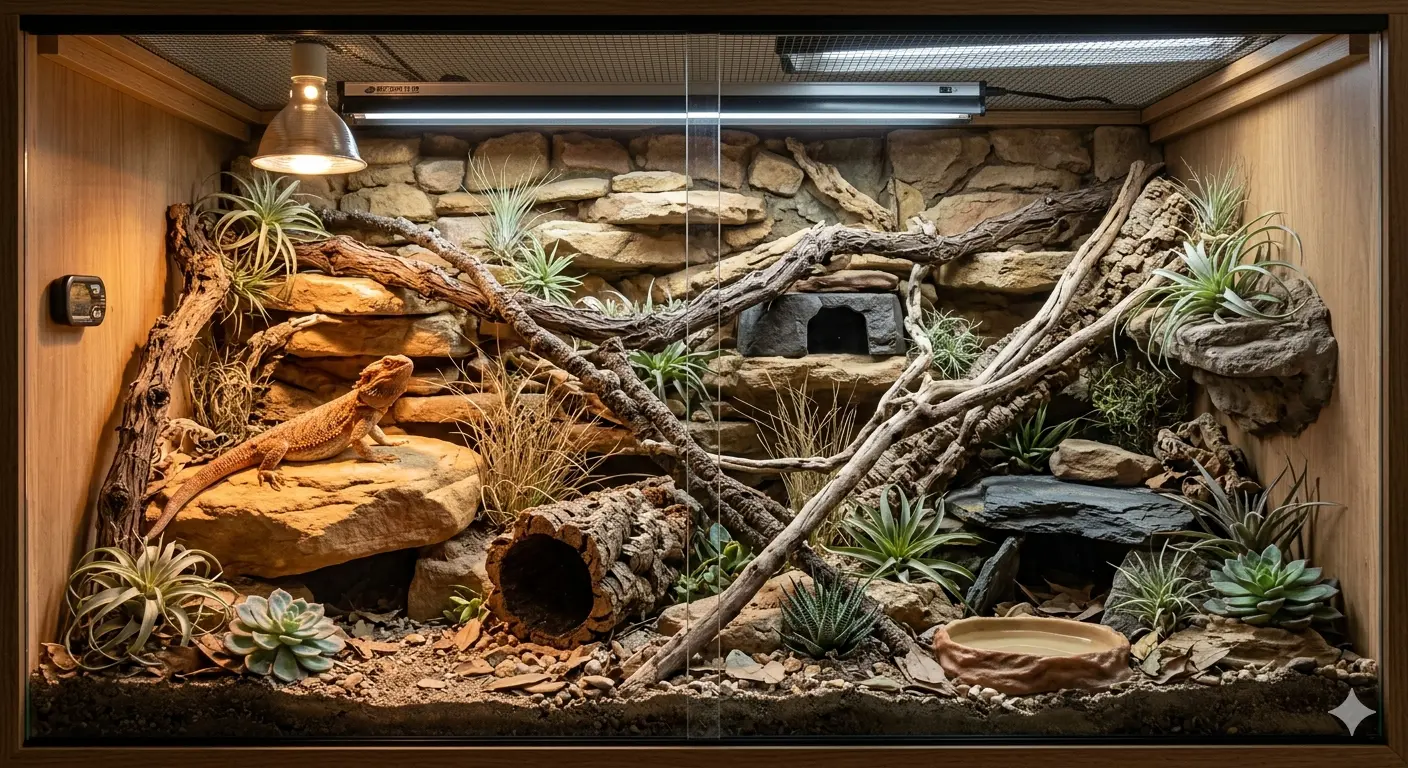 A well decorated reptile terrarium showing natural rocks, safe climbing branches, and multiple hide boxes