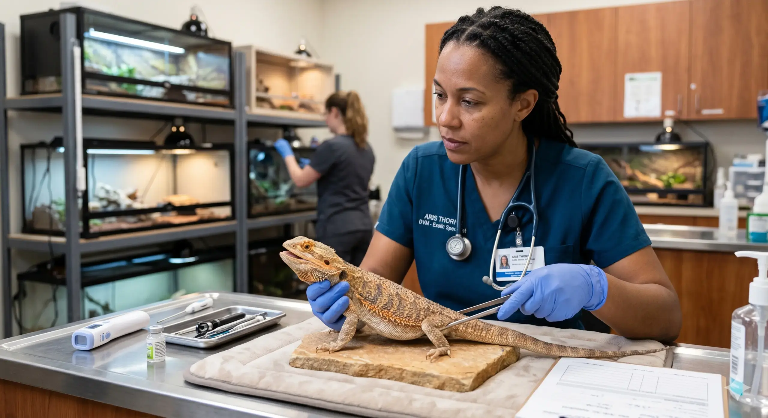 Exotic reptile veterinarian performing a health checkup on a lizard