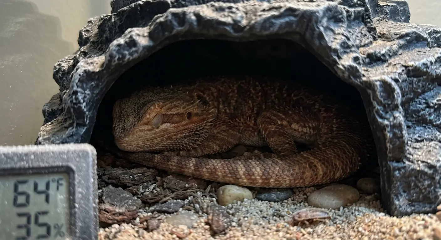 An adult bearded dragon resting inside a dark cave hide during its natural winter brumation period
