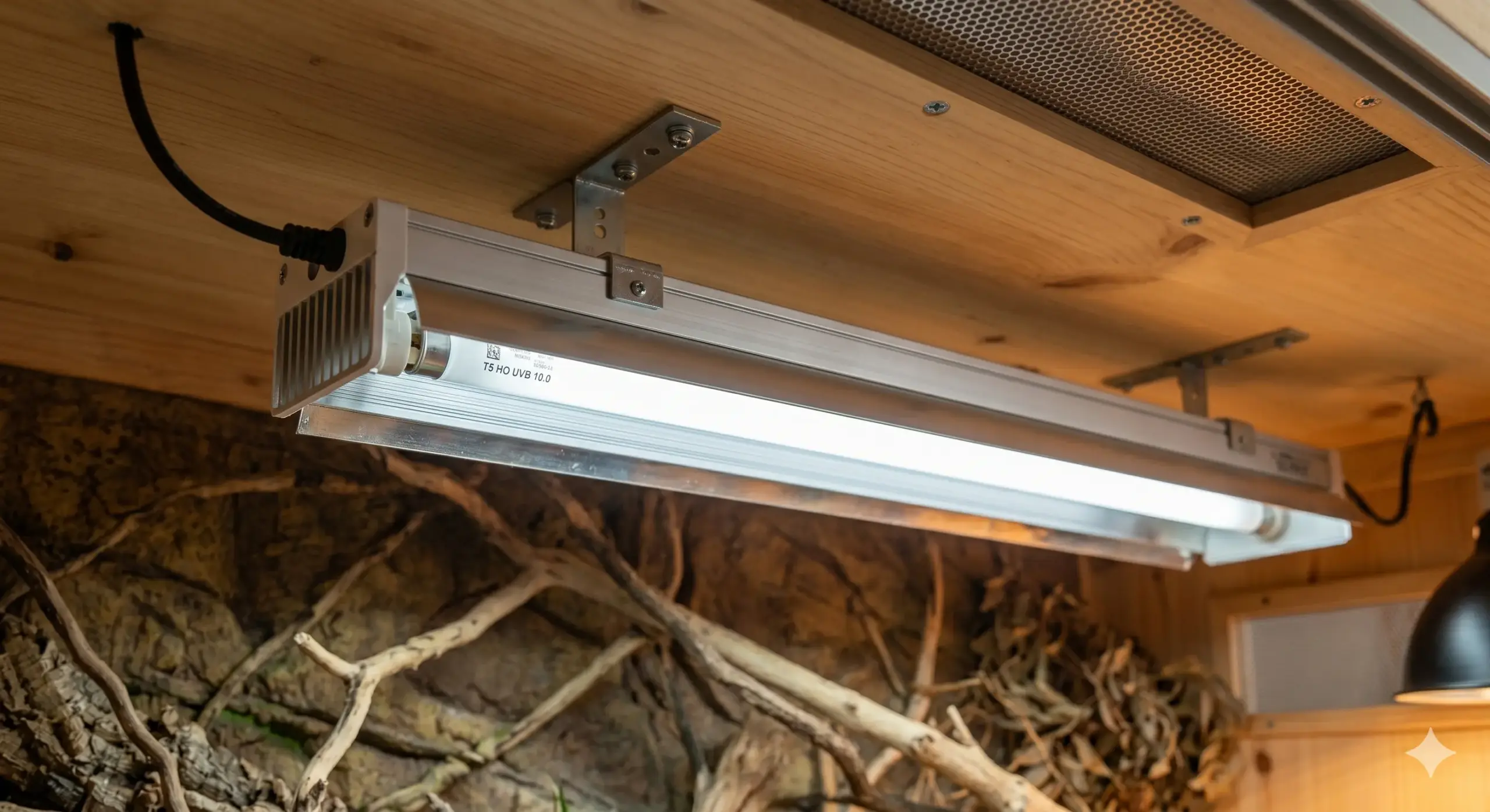 Close-up of a T5 HO fluorescent tube fixture secured inside a reptile terrarium