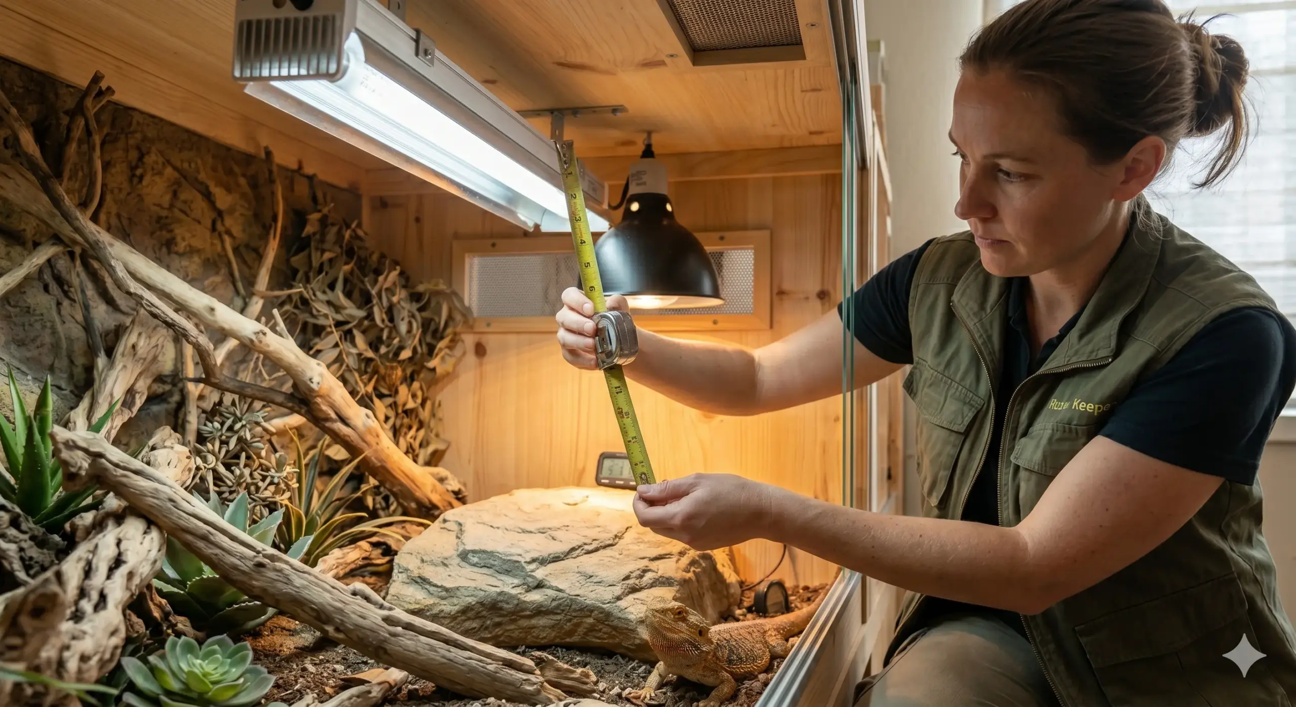 A keeper measuring the precise distance between a reptile lamp and a stone basking platform with a tape measure