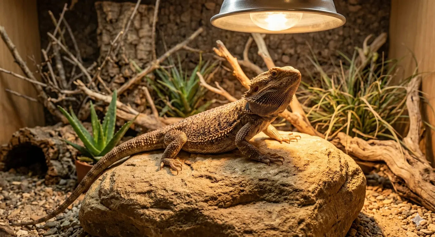 An adult bearded dragon sitting on a large rock under a warm basking light