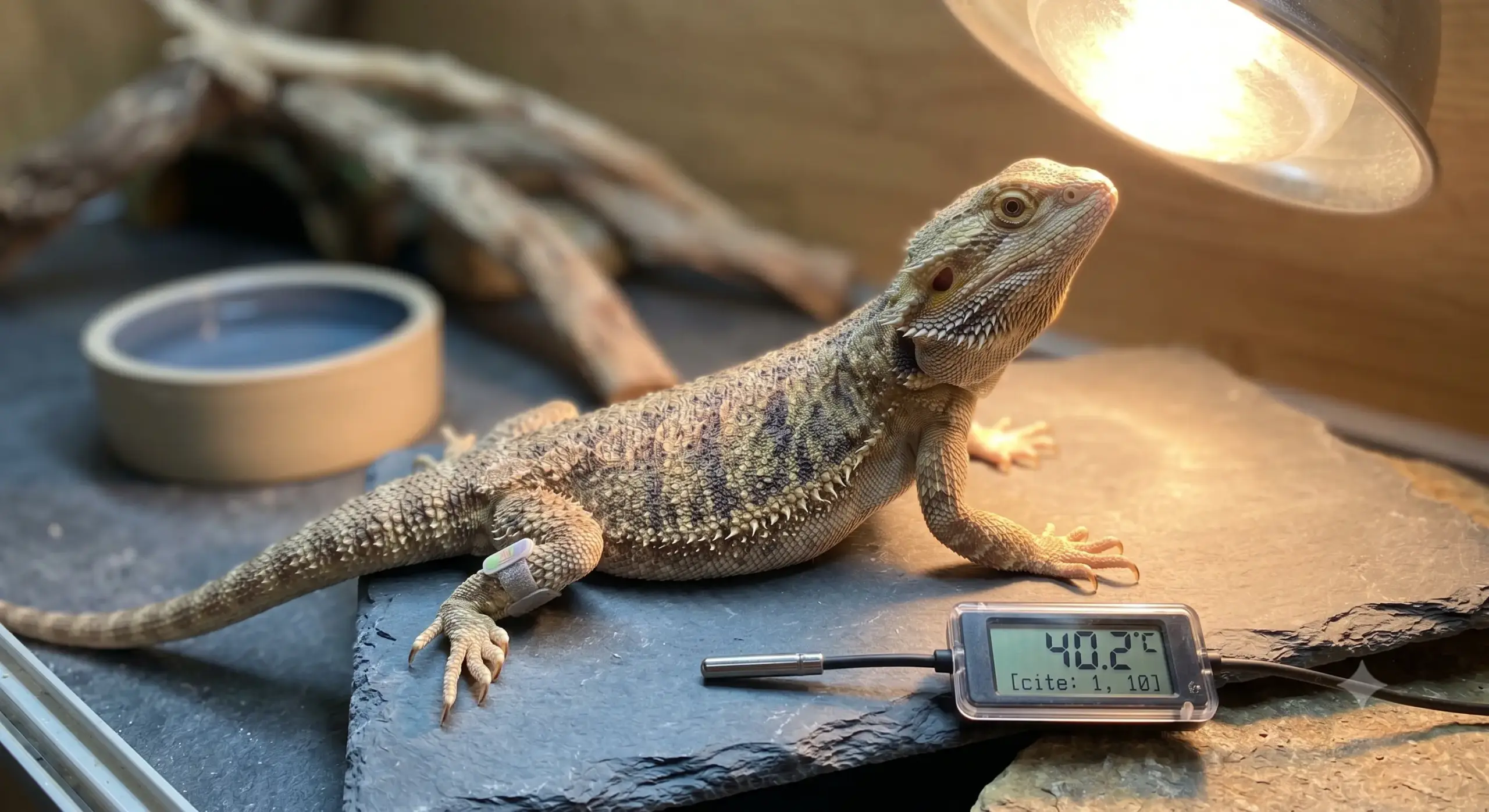 A mature female bearded dragon basking closely under a heat lamp while being monitored for reproductive health