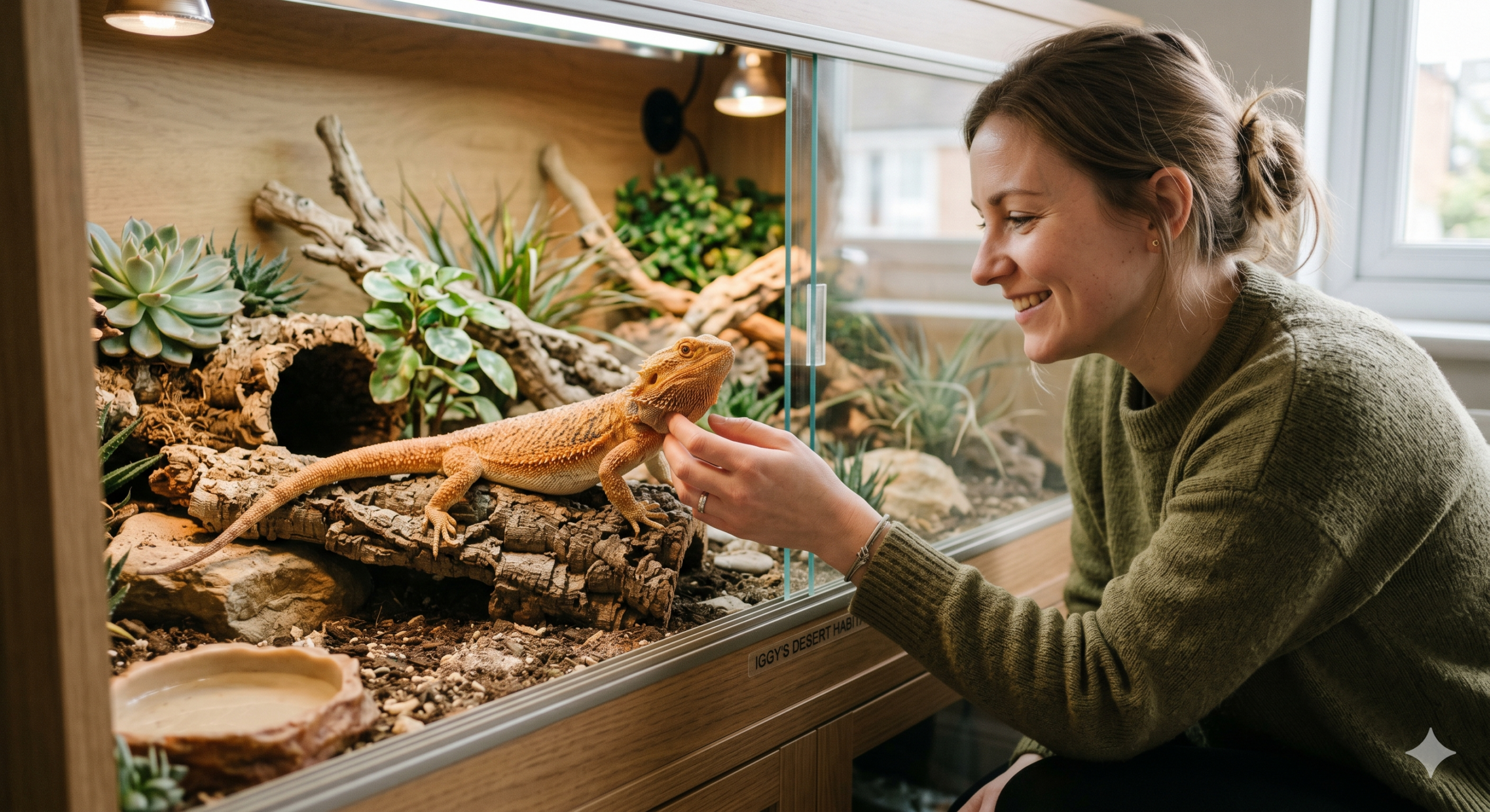 A reptile owner gently interacting with their pet bearded dragon inside its habitat