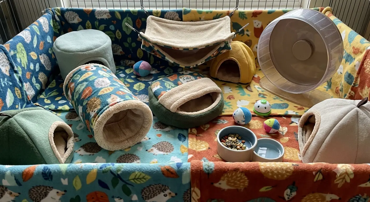 Fleece liners and internal accessories inside the Best Hedgehog Cage Guide setup