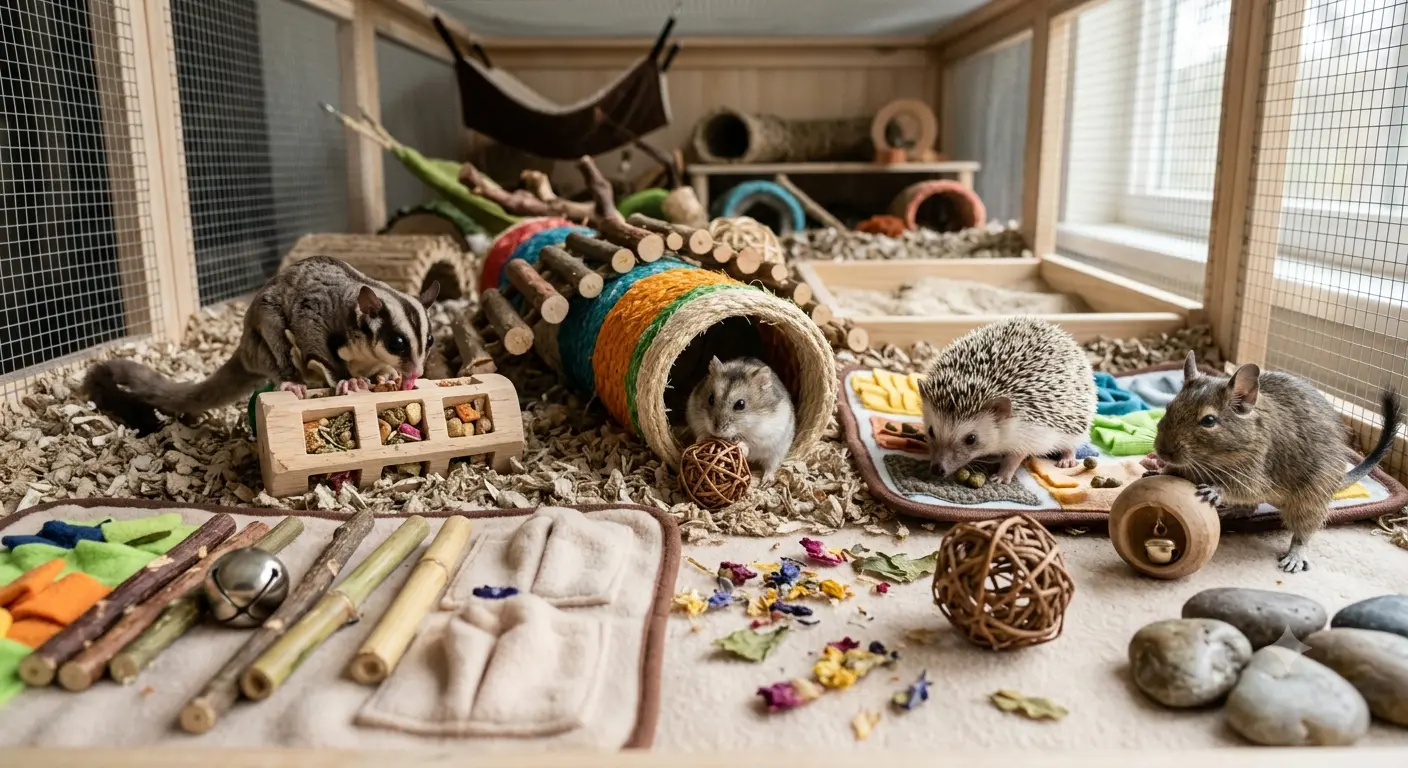 Sensory stimulation using safe and interactive items for small exotic pets