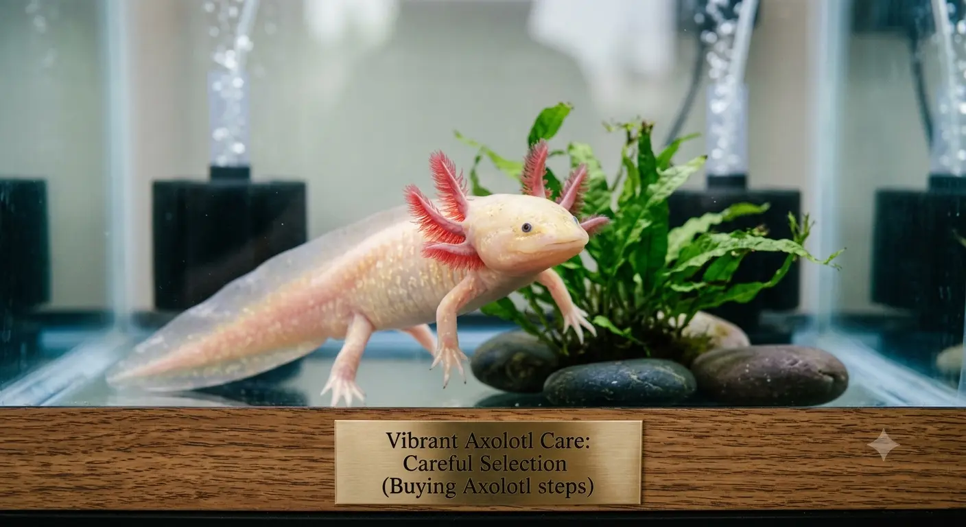 Vibrant aquatic salamander showing pristine gill filaments after careful Buying Axolotl steps
