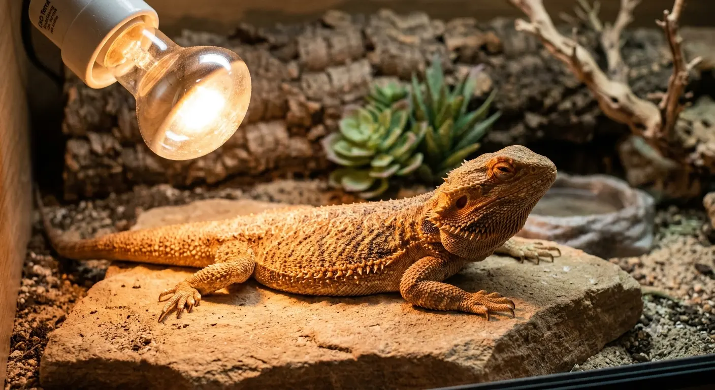 Bearded dragon resting comfortably under a basking lamp