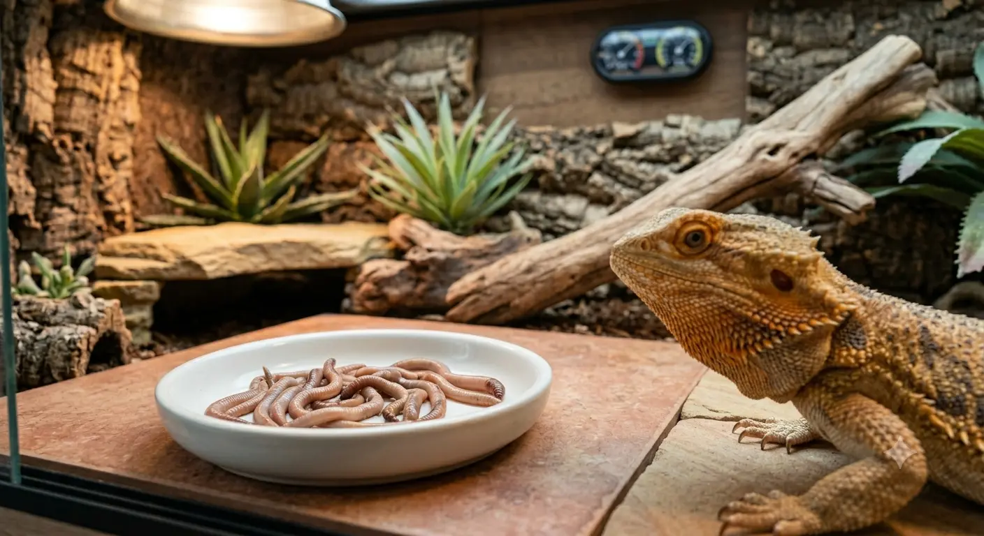 Captive-bred earthworms cleaned and prepared in a white shallow feeding bowl for reptiles