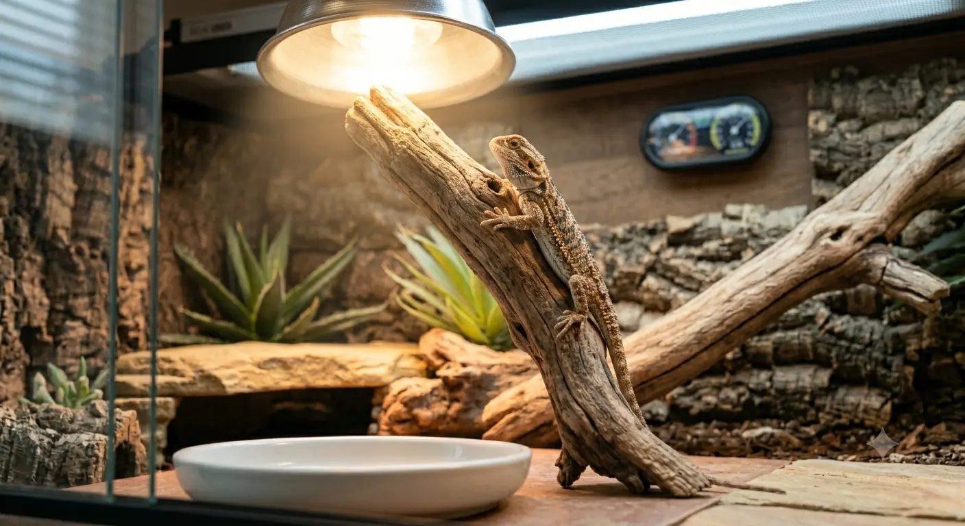 A juvenile bearded dragon climbing on a piece of natural driftwood under a bright basking lamp