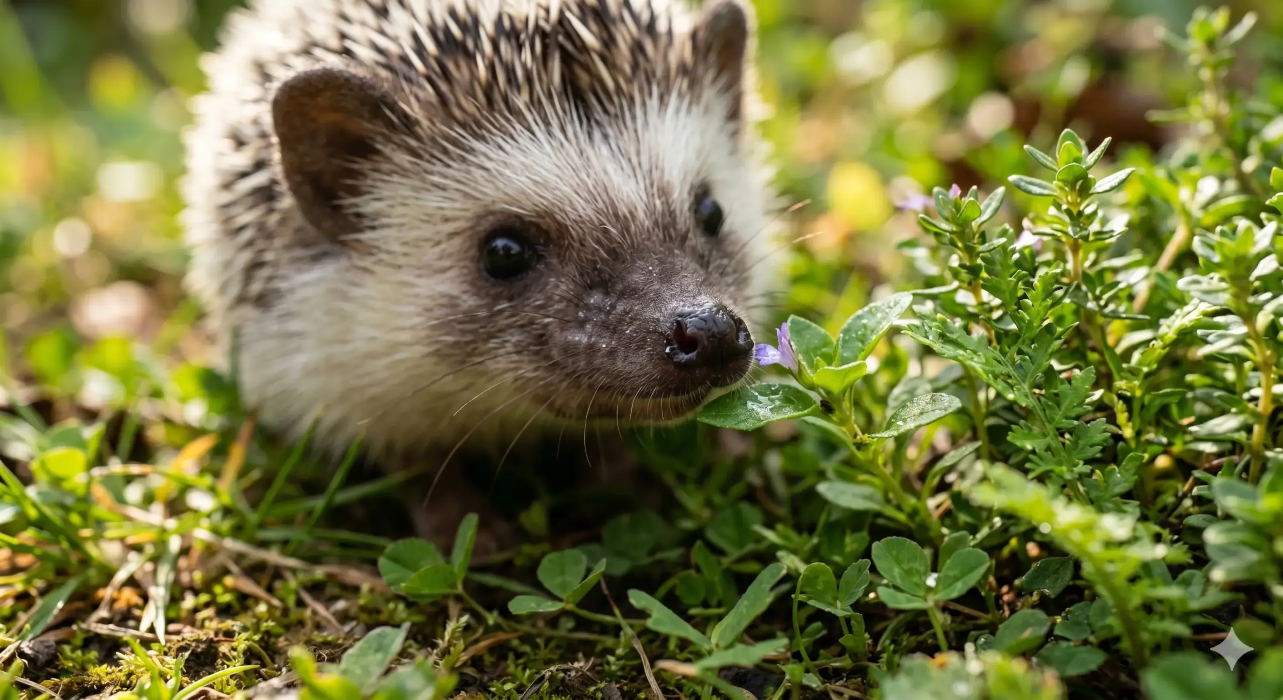 Close up of a hedgehog nose twitching near green plants outdoors