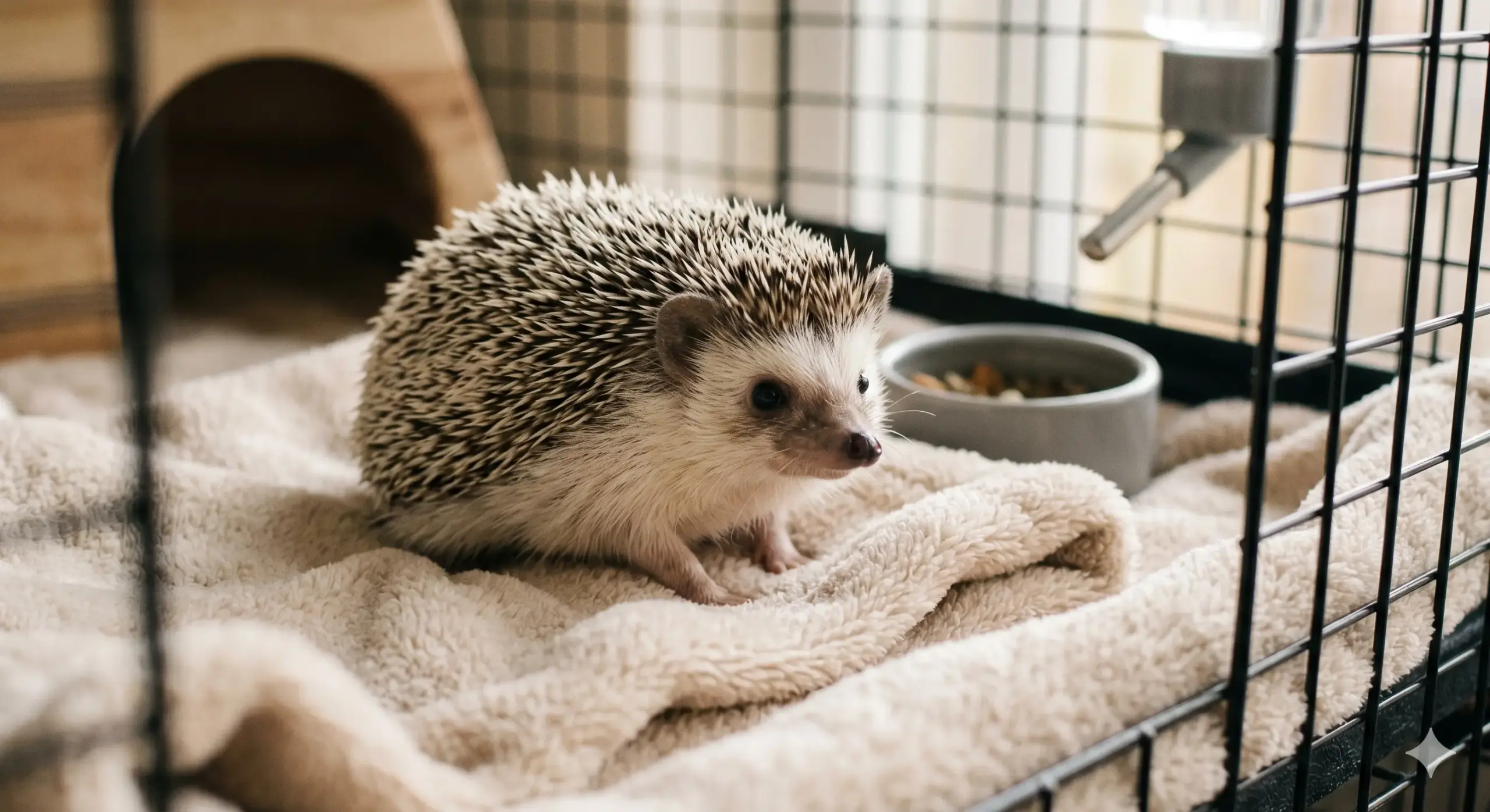 Hedgehog sitting safely on a clean fleece blanket inside its cage