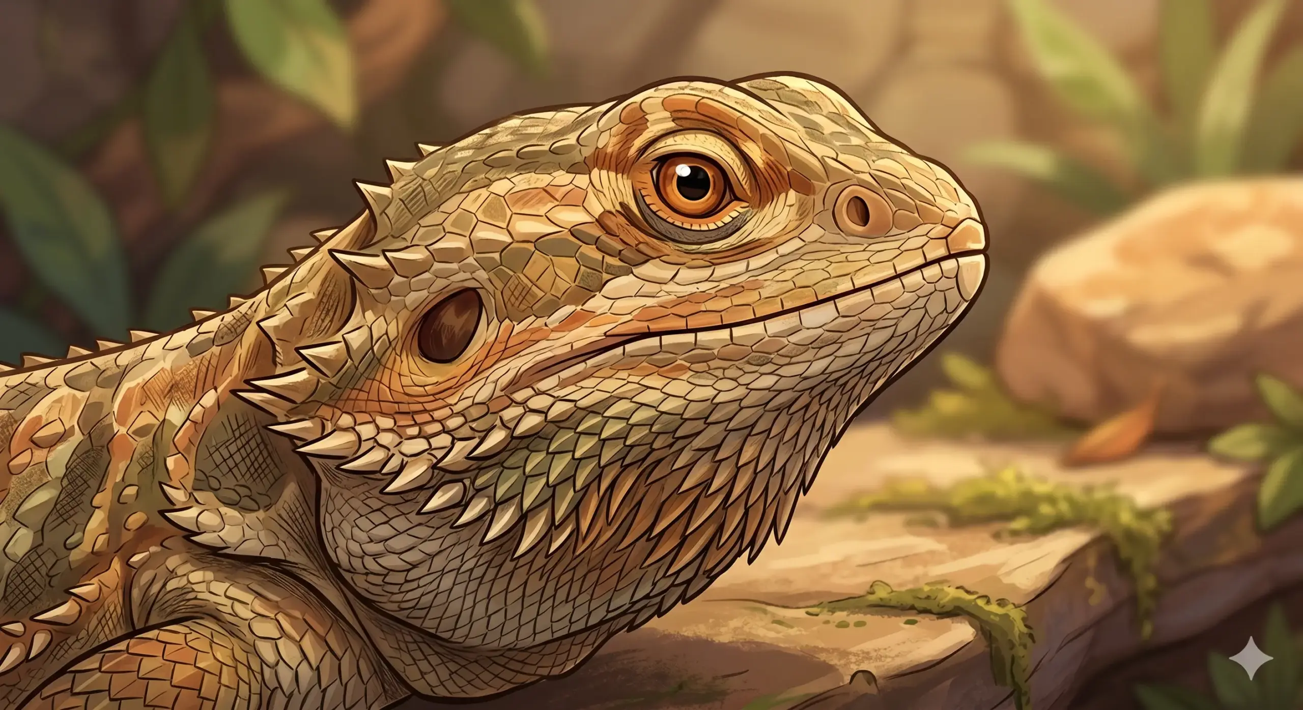 Close up profile view of an adult bearded dragon showing detailed scales and calm facial expressions
