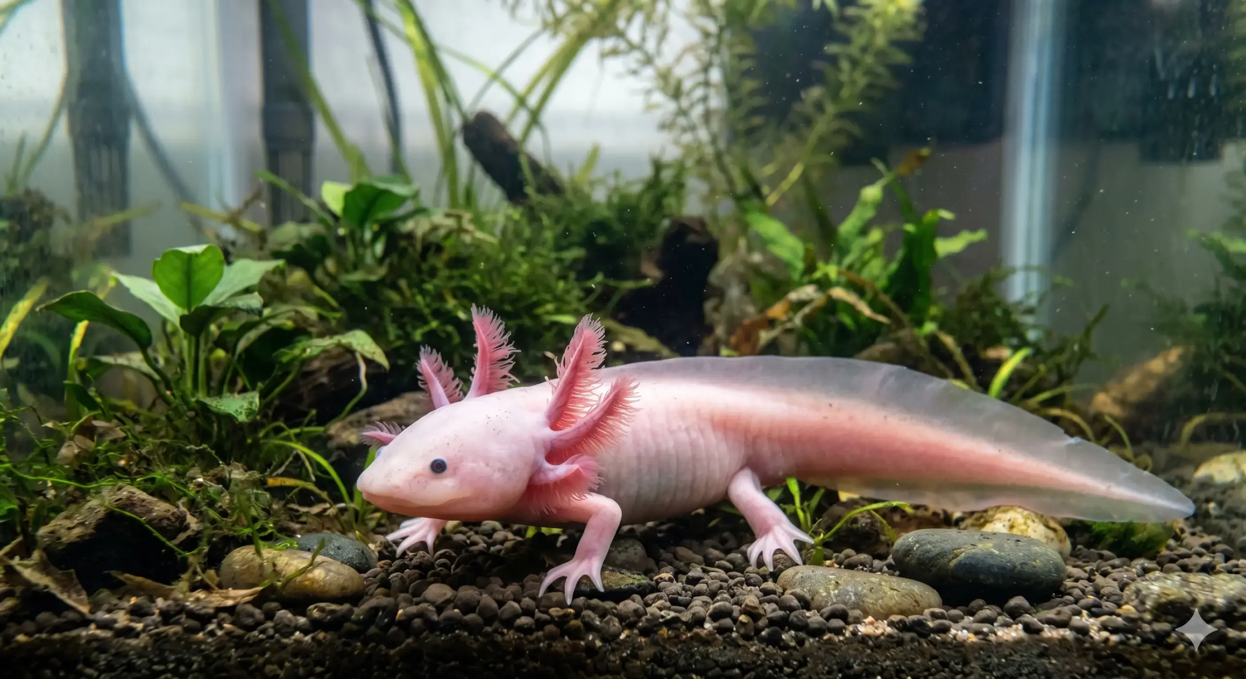 An axolotl resting underwater showing its delicate external gills and unique aquatic features