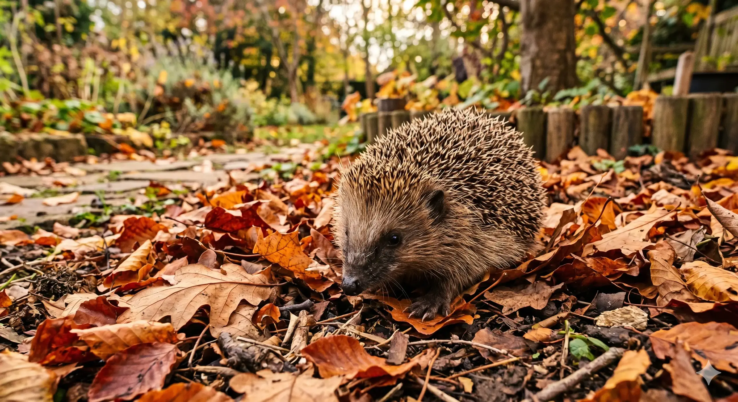 An European hedgehog foraging for food among dry autumn leaves in a garden