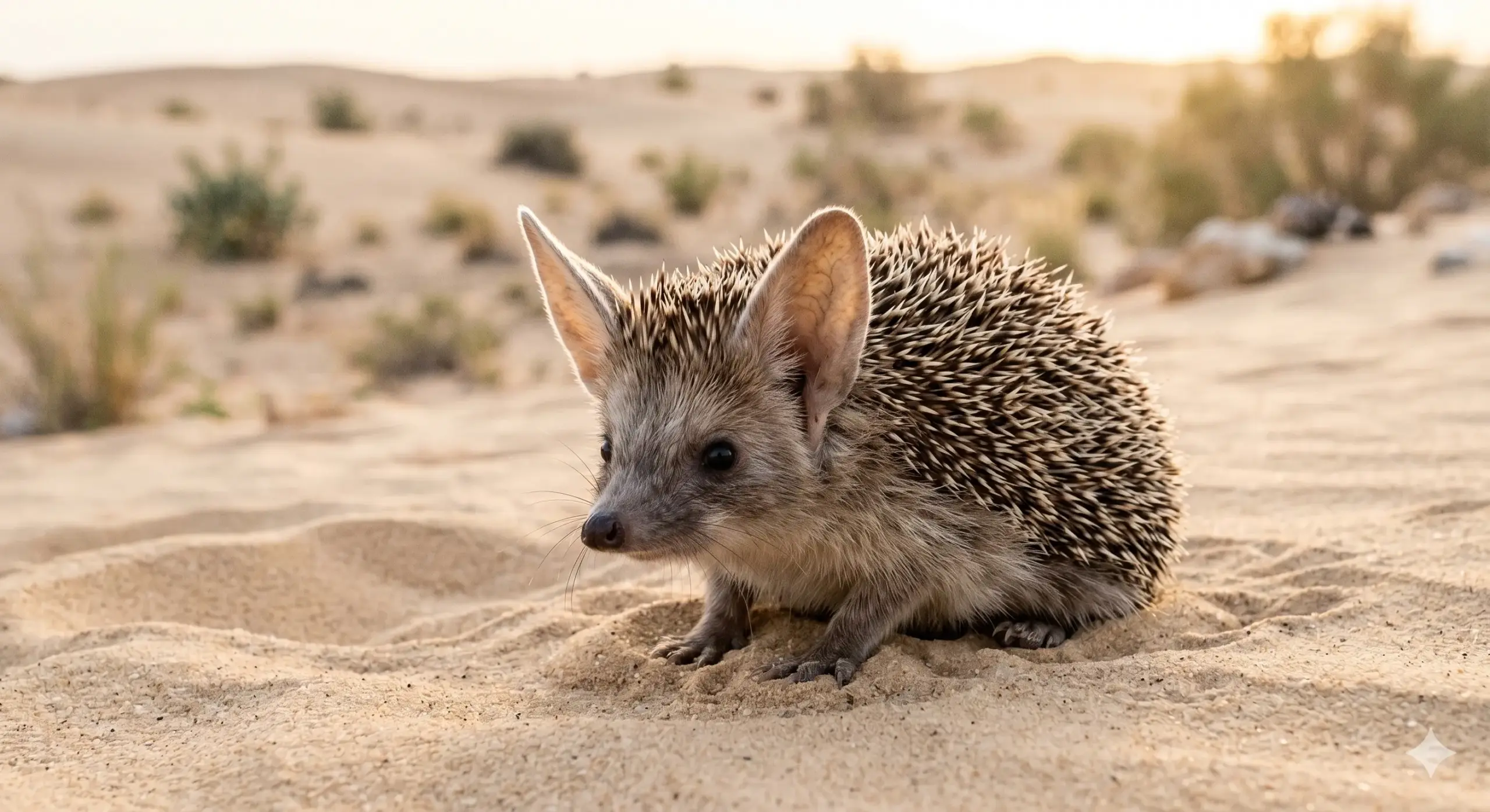 An Egyptian long-eared hedgehog sitting on soft desert sand