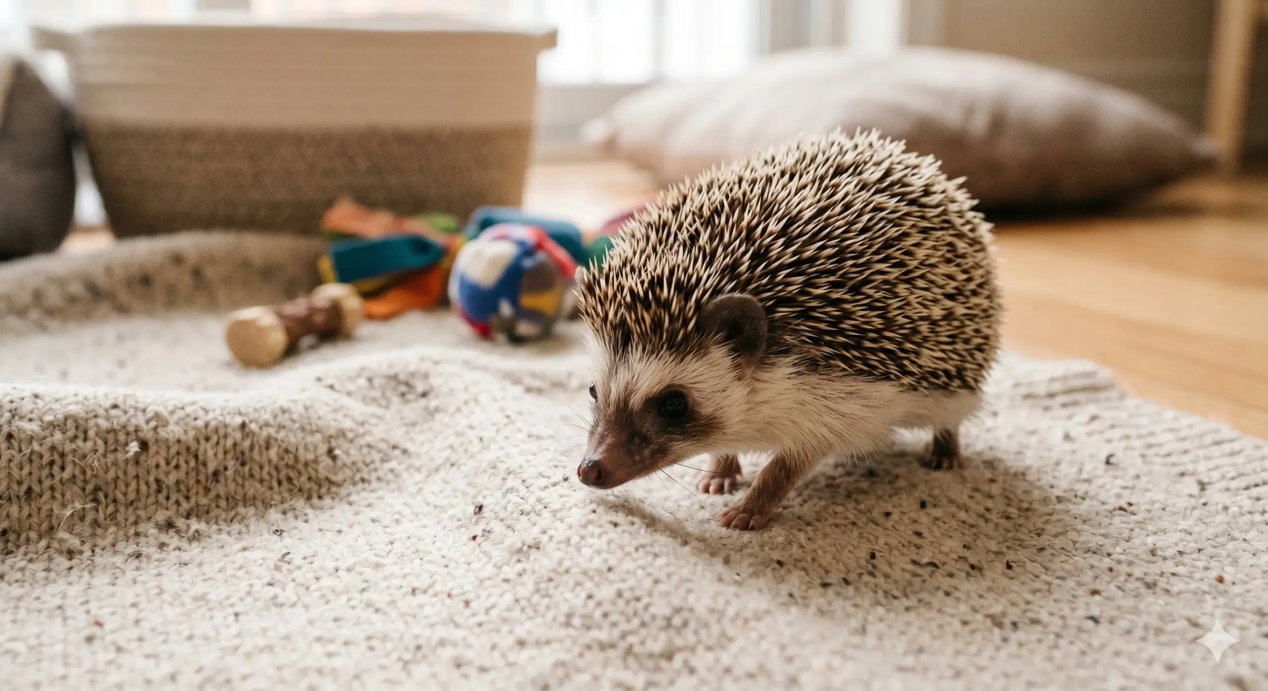 A healthy African pygmy hedgehog exploring a clean indoor blanket area