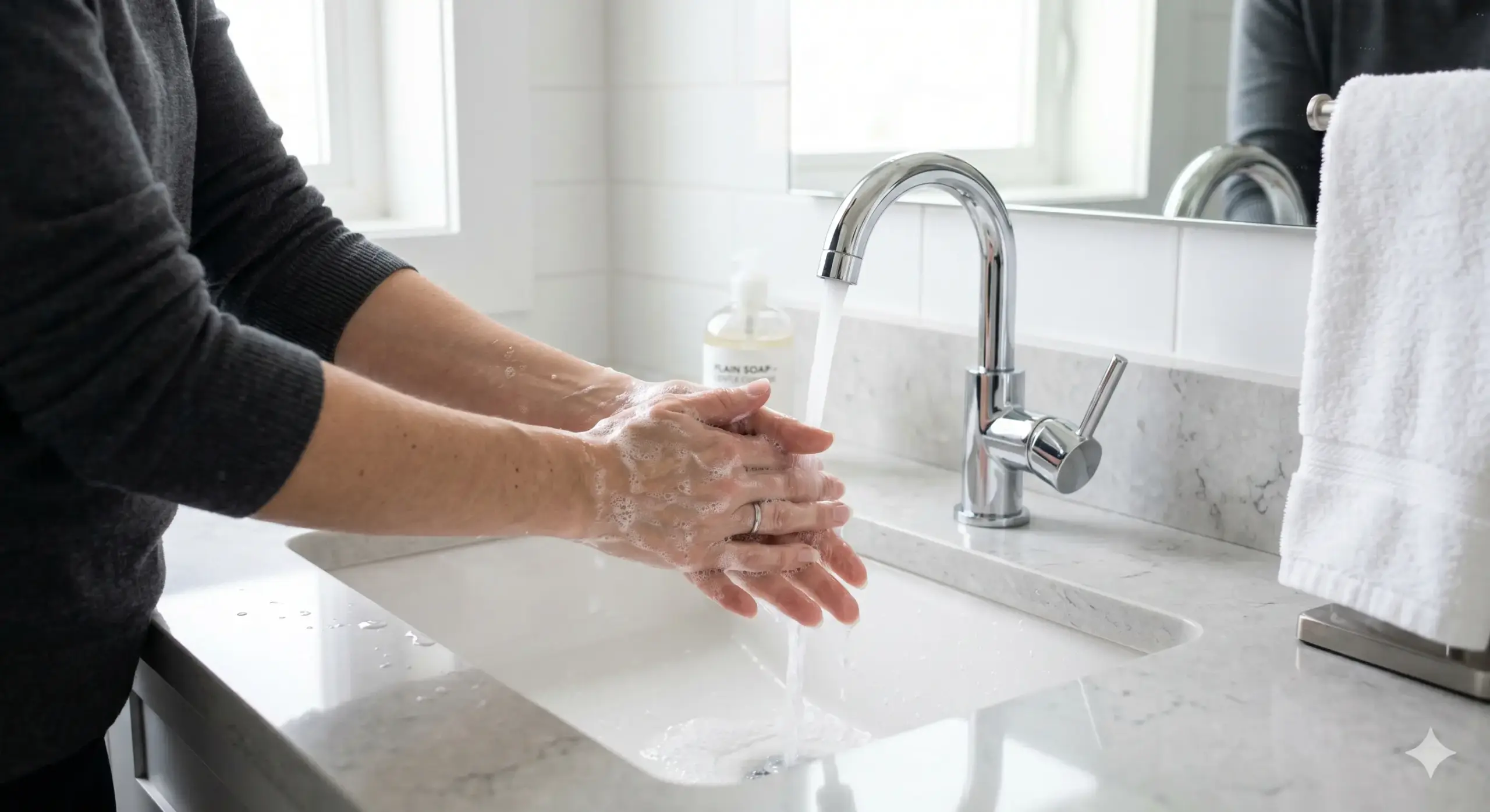 A person thoroughly washing their hands with plain soap in a clean sink bathroom setting