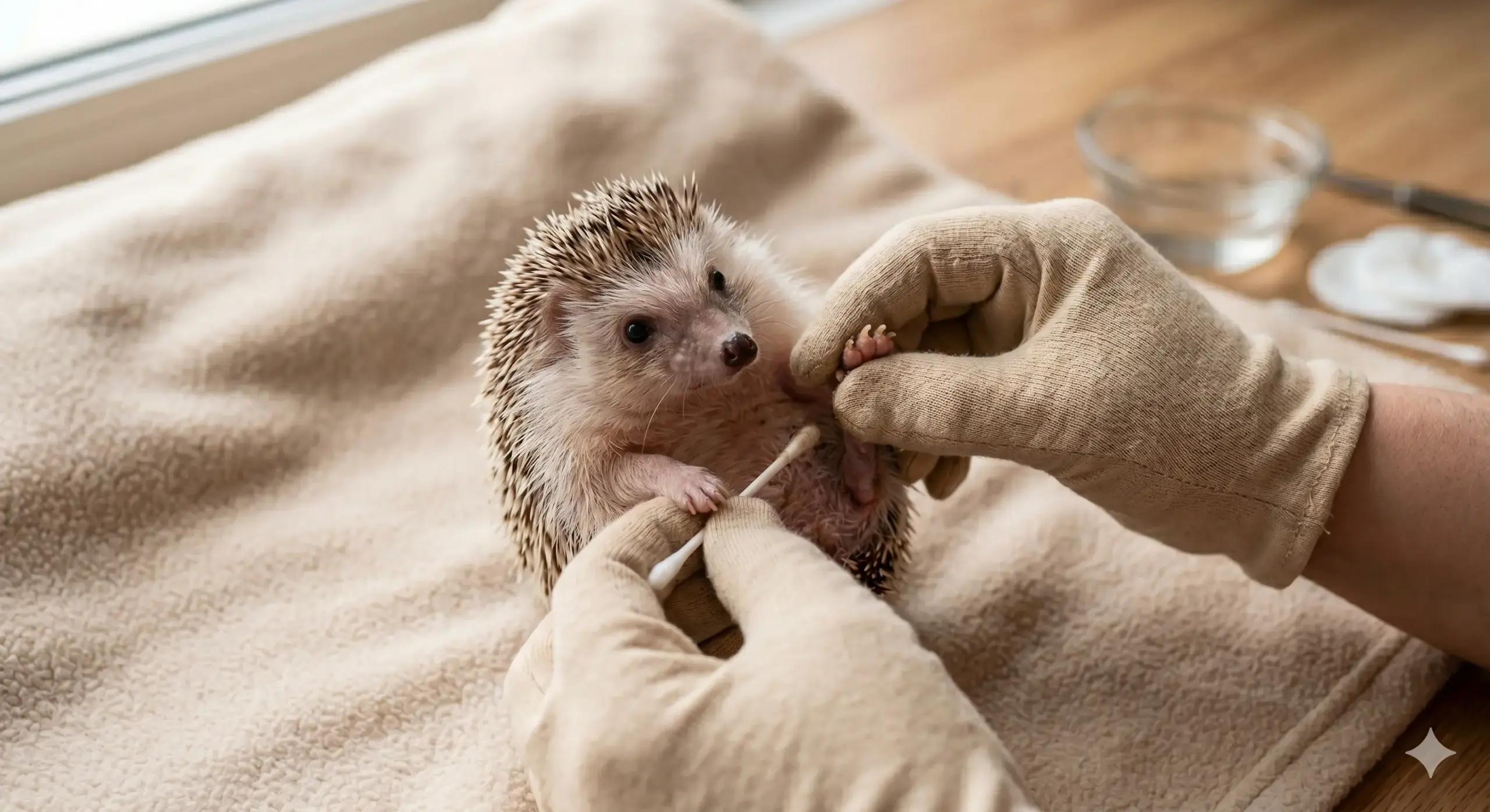 Close up view of small animal paws being gently cleaned and inspected