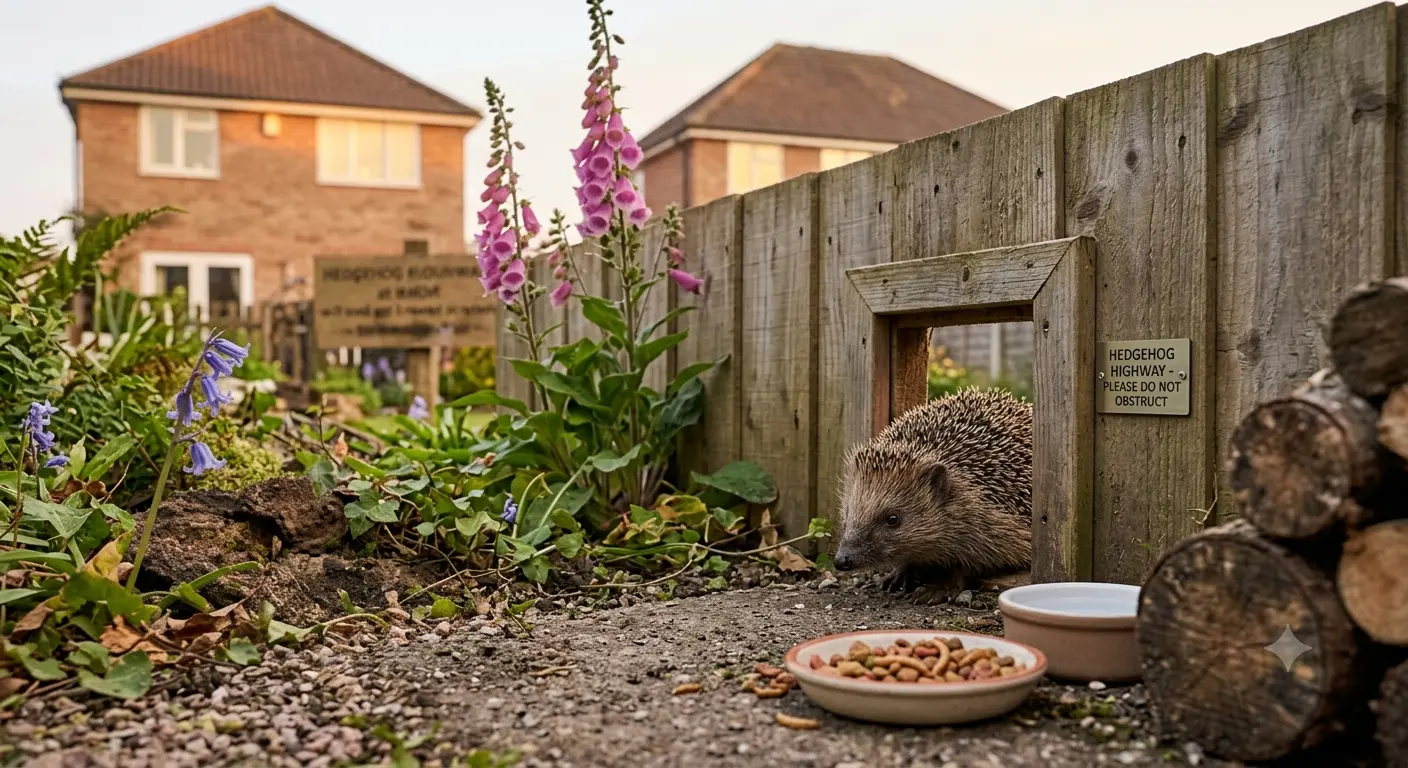 Hedgehog highway fence gap for urban wildlife connectivity