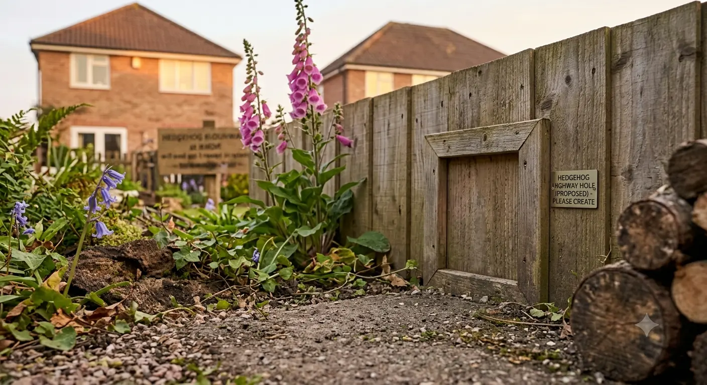 Fenced garden boundary requiring a hedgehog highway hole