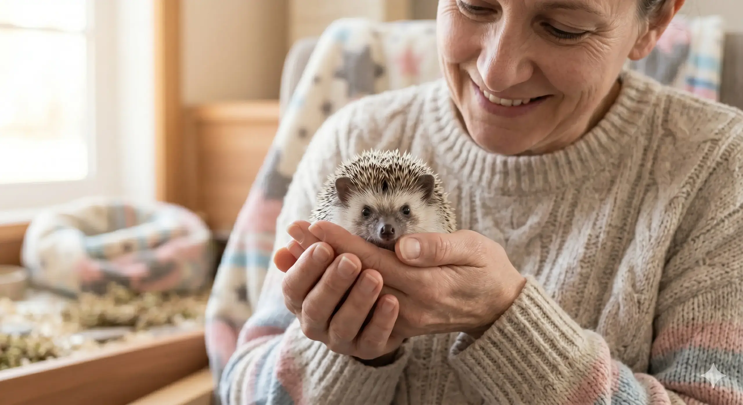 A person holding a small warm hedgehog gently in their hands