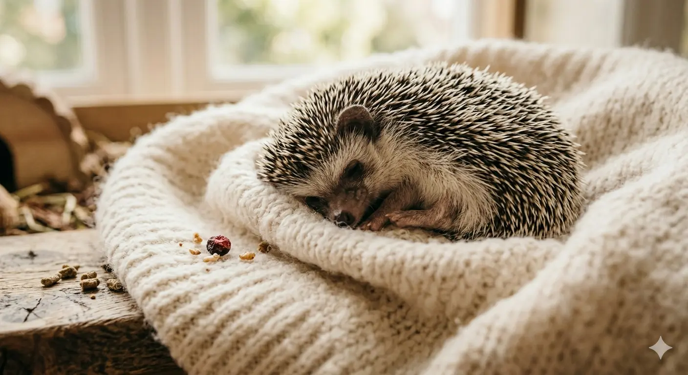 An African Pygmy hedgehog curling up on a cozy blanket after enjoying nutritional hedgehog treats