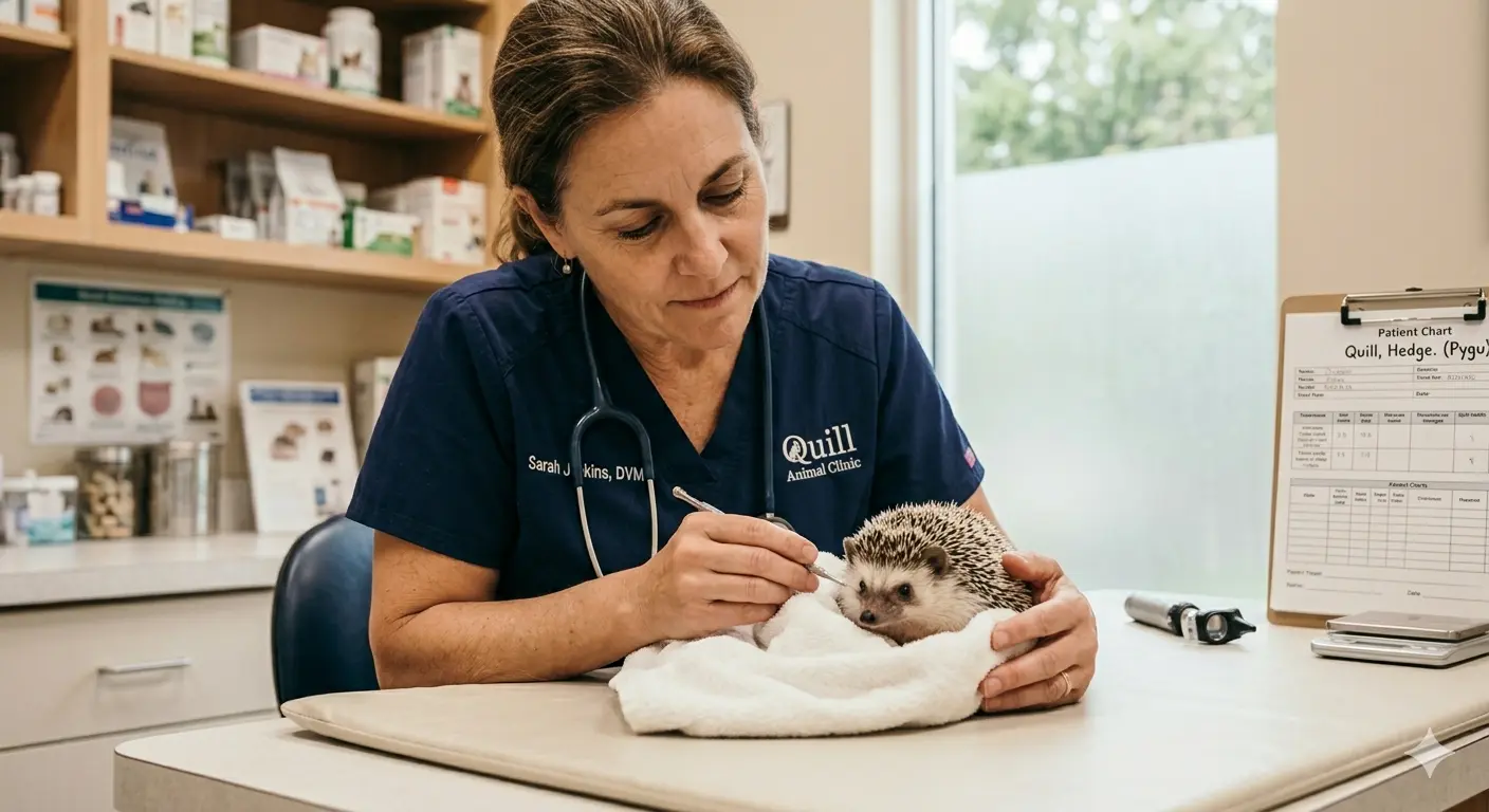 An exotic veterinarian examining a healthy pet hedgehog during a routine wellness checkup